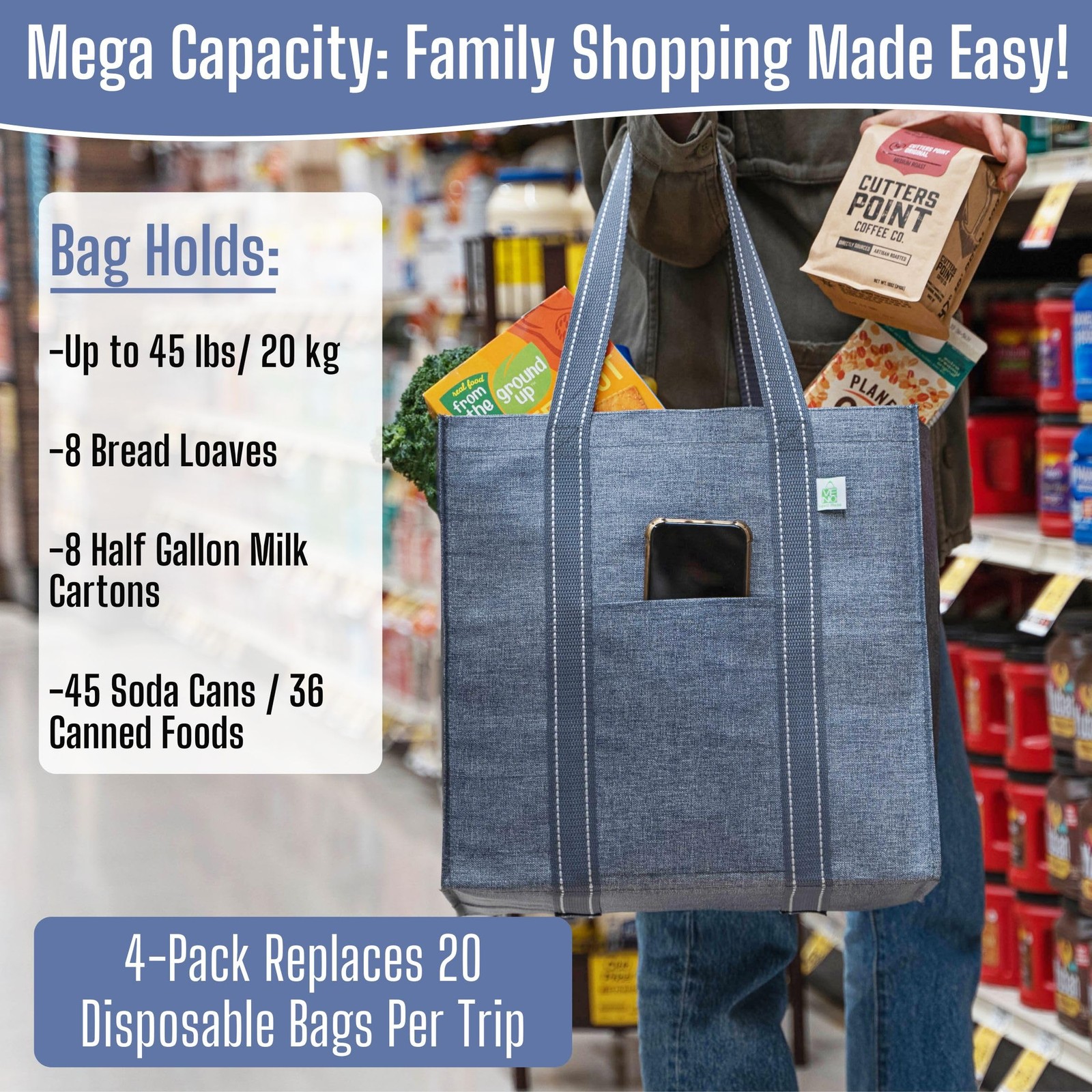 4 Pack Reusable Grocery Bags, Heavy-Duty Shopping Bags with Handles, Bags for…