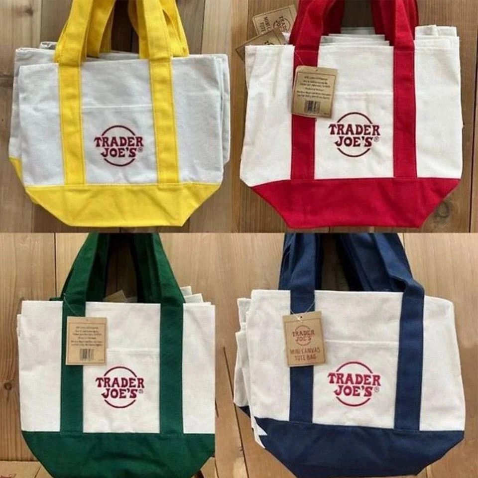 TRADER JOE’S New w/Tags Mini PASTEL BASIC Canvas Tote Bag SET of 4 2025 Red Blue
