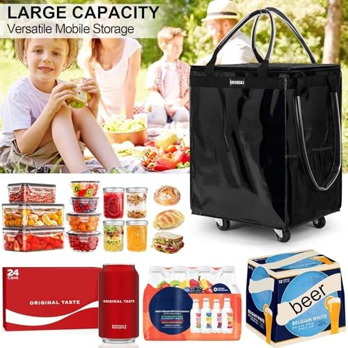 (,) Reusable Grocery Bag on Wheels, 70L Foldable Rolling Medium Black