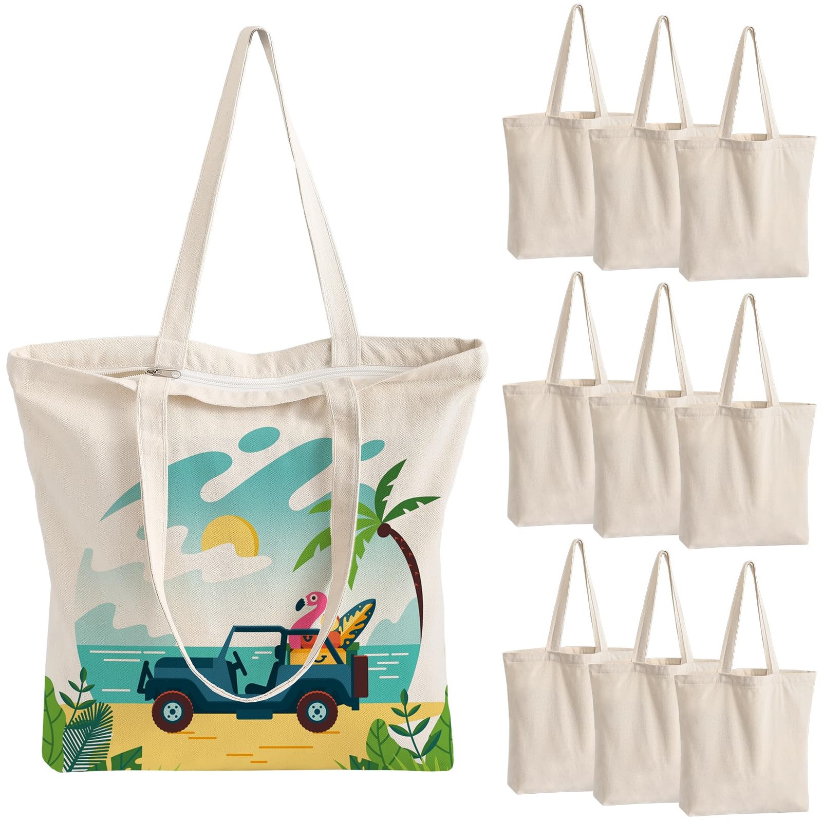 10 Pack Canvas Tote Bag with Zipper, Reusable Grocery Bags with Long Handle, …