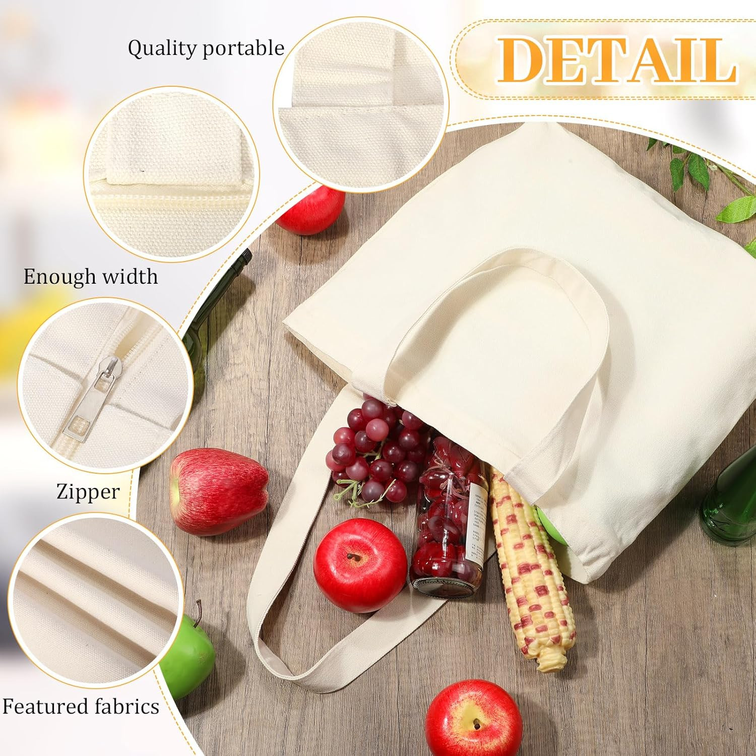20 Pcs Canvas Tote Bags Bulk 16.5X13.4” Blank Cotton Canvas Bag with Zipper Han