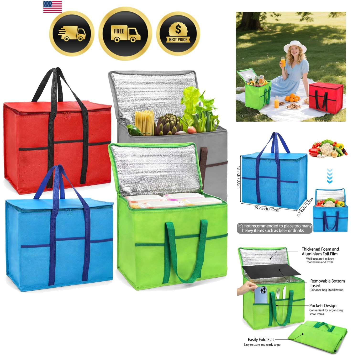 4 Pack Insulated Reusable Grocery Shopping Bags, Foldable Cooler Bag Food Del…