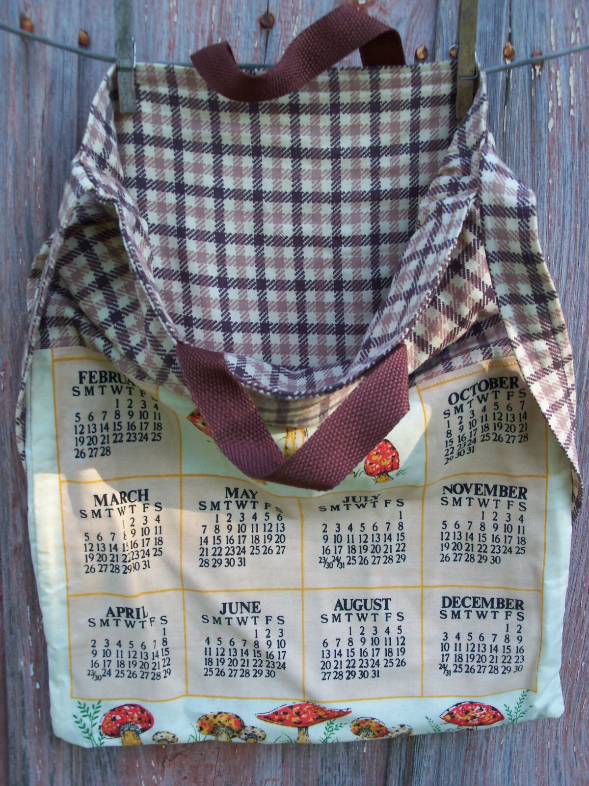 Vintage 1989 Mushroom Calendar Recycled Tote Bag Grocery Shopping
