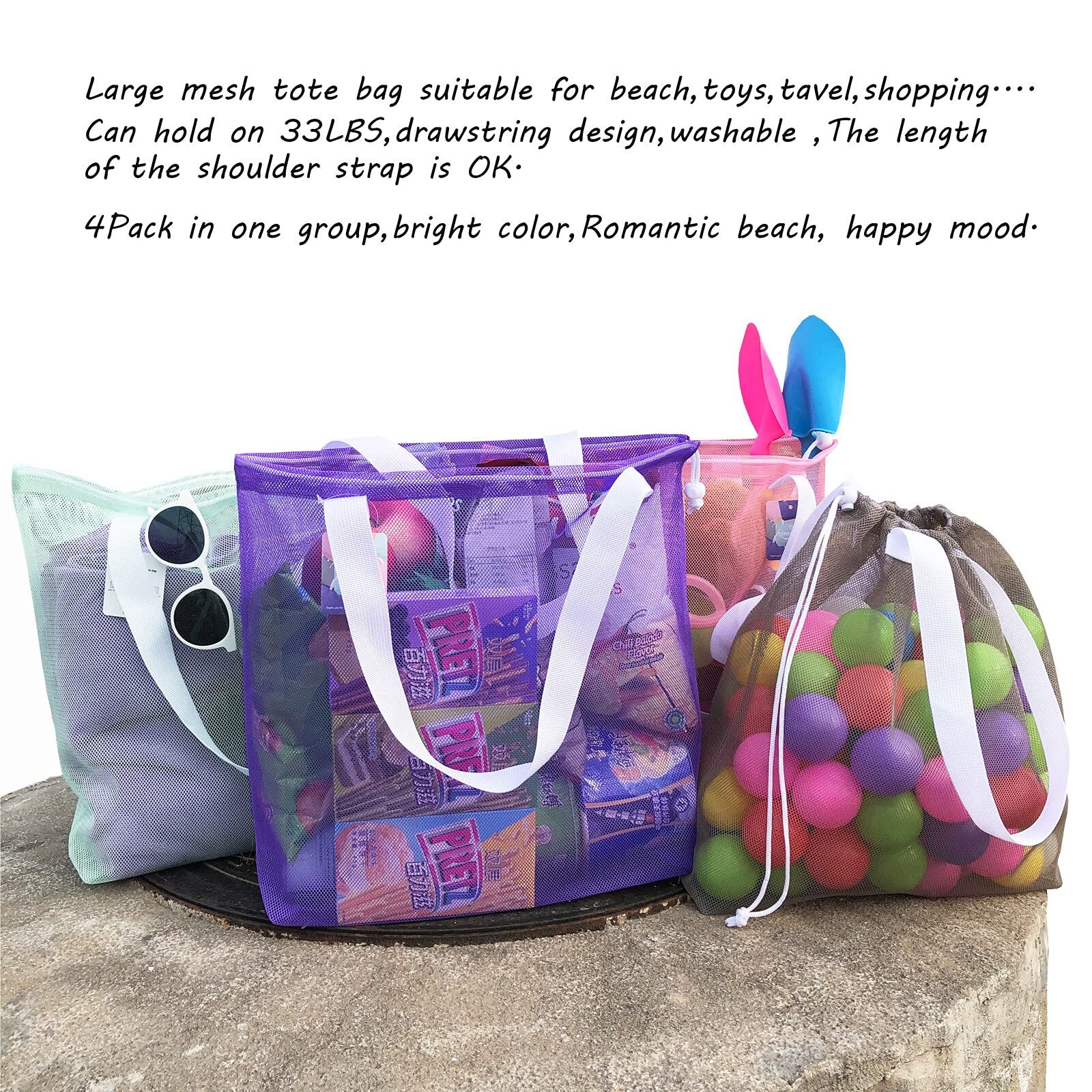 Reusable 4pack Colorful Mesh Beach Tote Bagsmesh Shopping Bag With Drawstring Fo