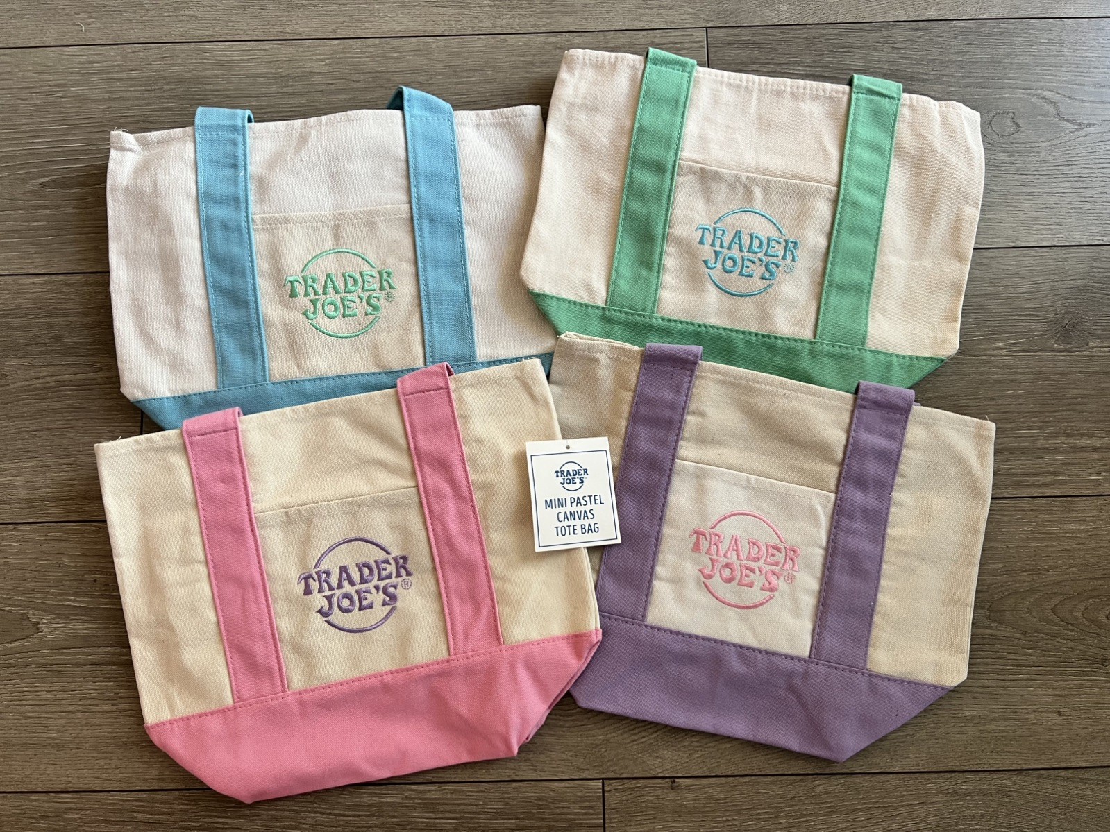 Trader Joes 4 Set Mini Pastel Canvas Tote Bag Blue Pink Purple Green 🇺🇲 Seller