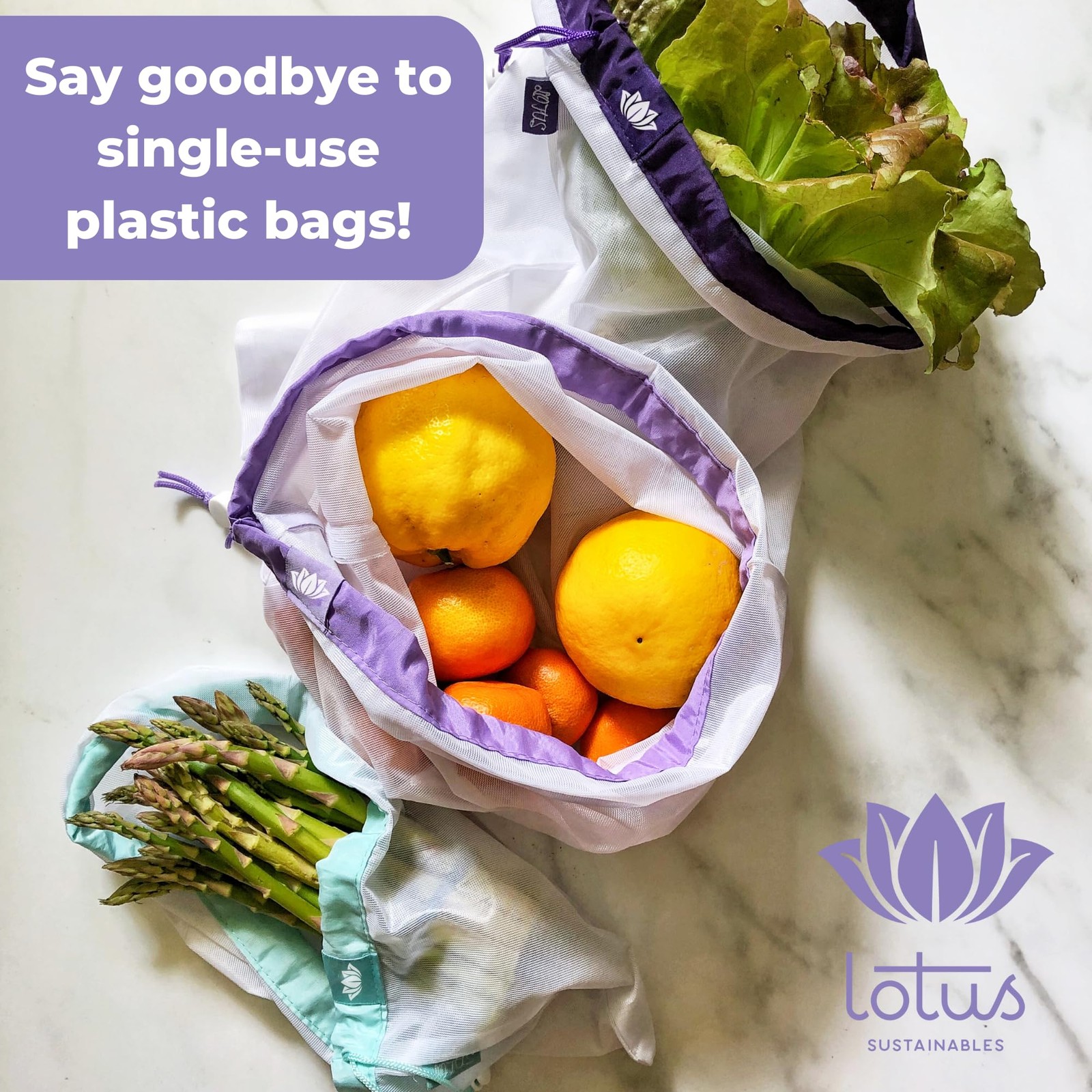 Lotus Reusable Produce Bags Mesh (9 Pack) – Premium 9 Pack, White