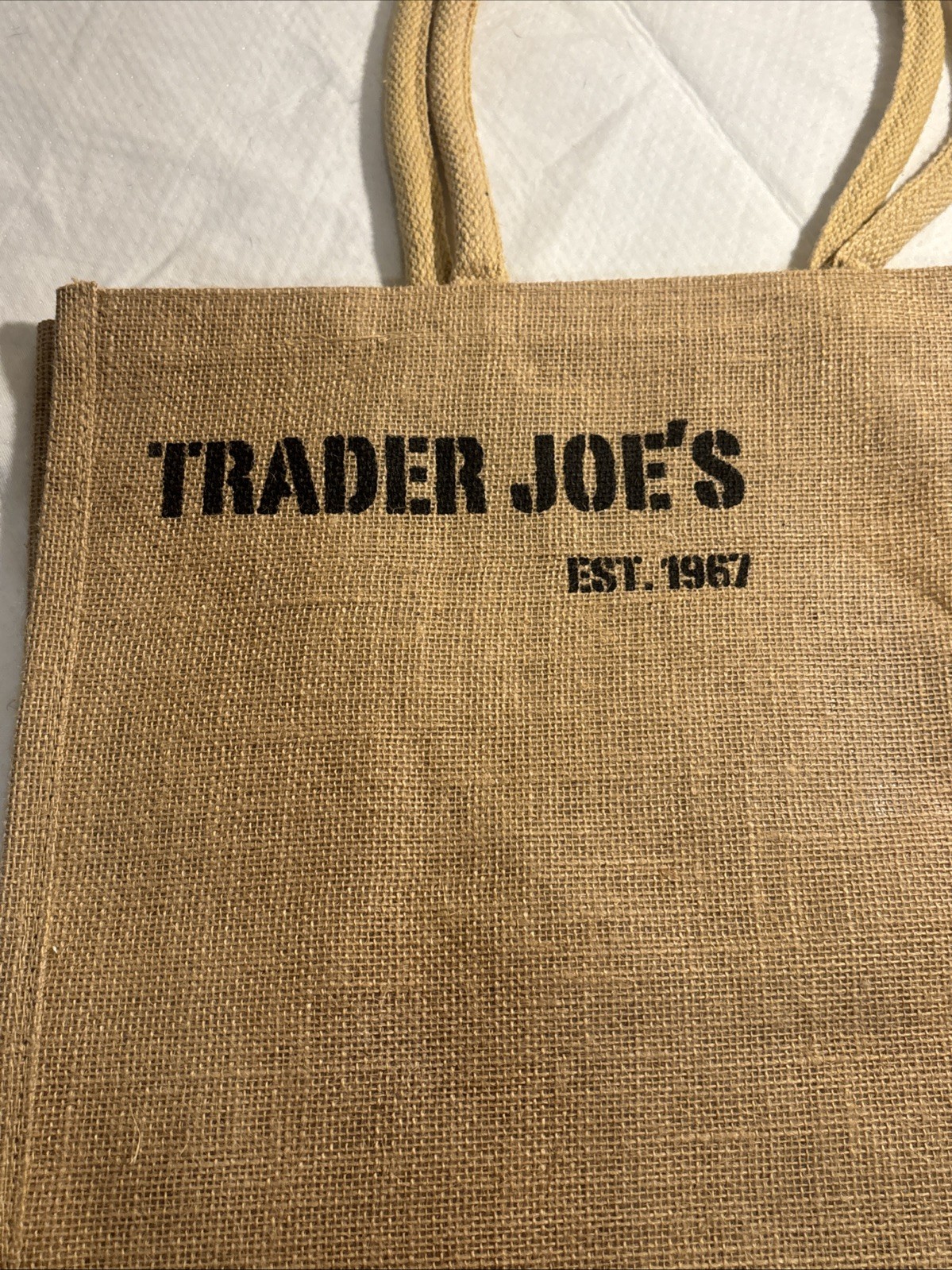 Trader Joe’s Jute Burlap Tote Shopping Bag Z Flag “I Require A Tug”