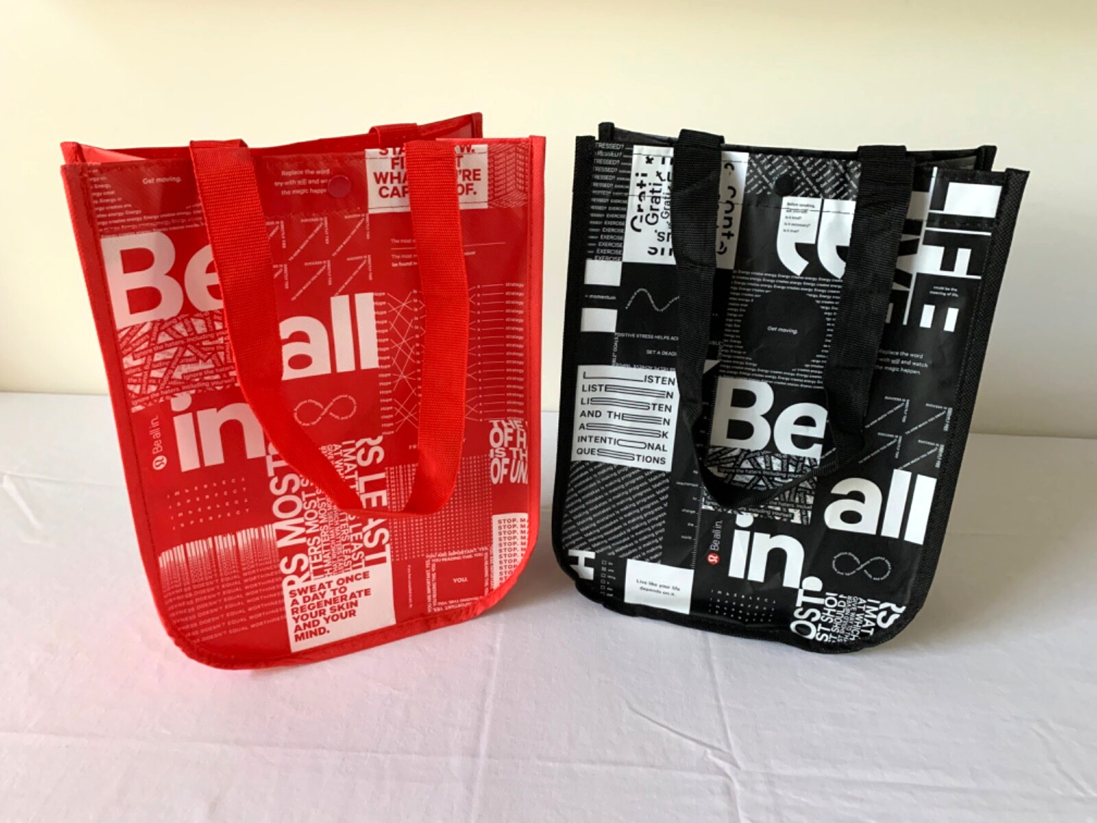 Lot of 2 Lululemon Reusable Shopping Bags 1) Red 1) Black with Snap / Handles