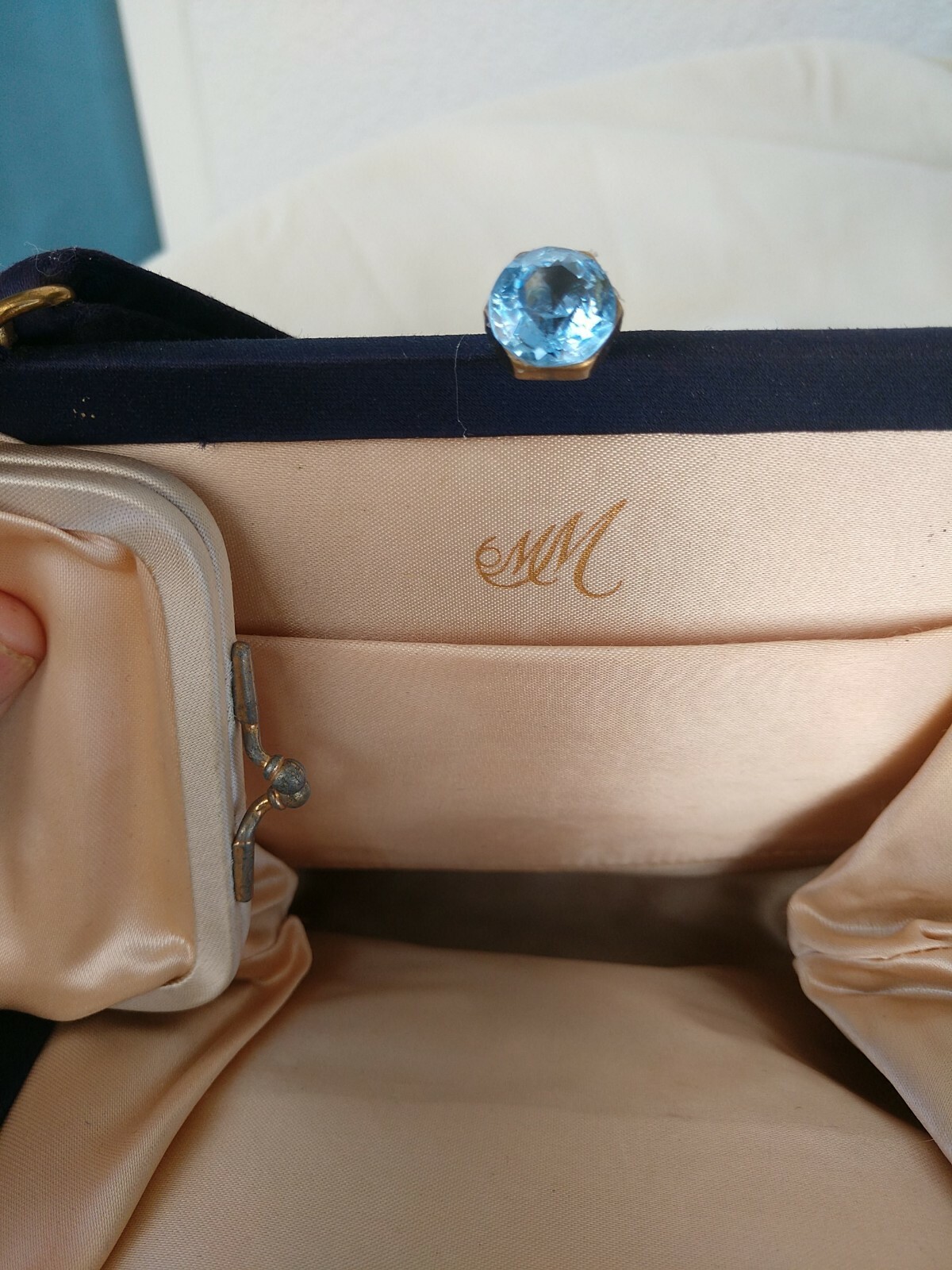 Vintage Bag Small Navi Blue. , W Blue Topasio ?Clasp Cristal? 7 X 7 1/2 silk