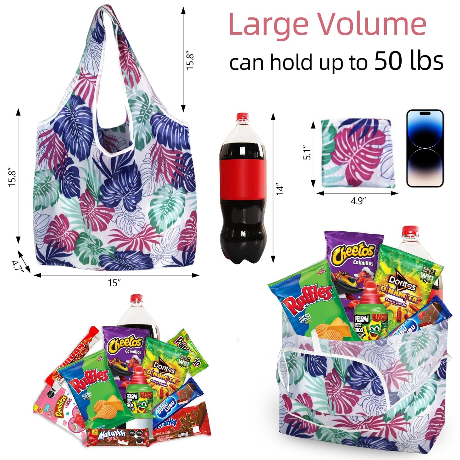 6 Pack Heavy Duty Reusable Grocery Bags with Handles, Foldable & Washable Shoppi