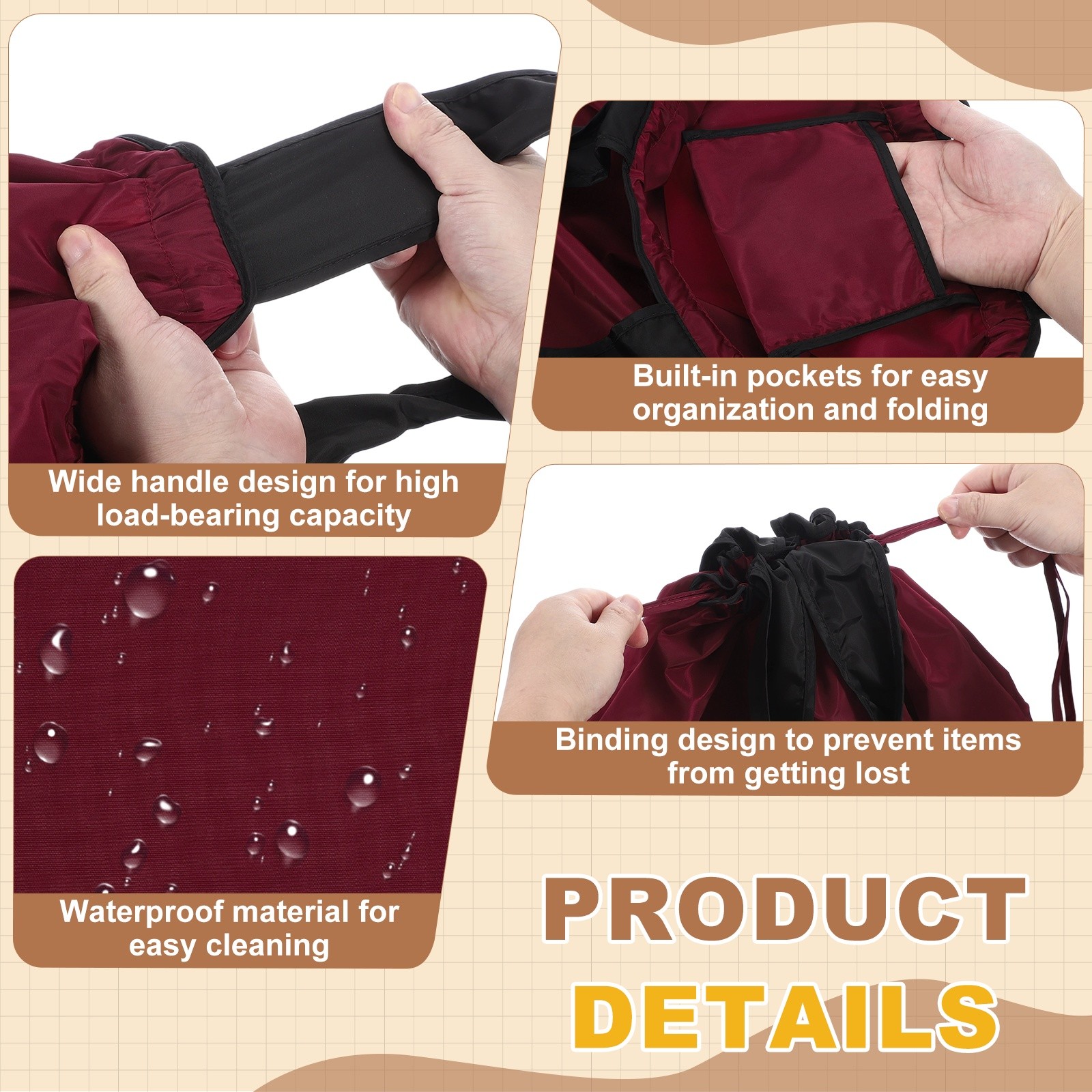 14.3 x 13.4 Inch Washable Shopping Bags with Handles for Shopping, Burgundy