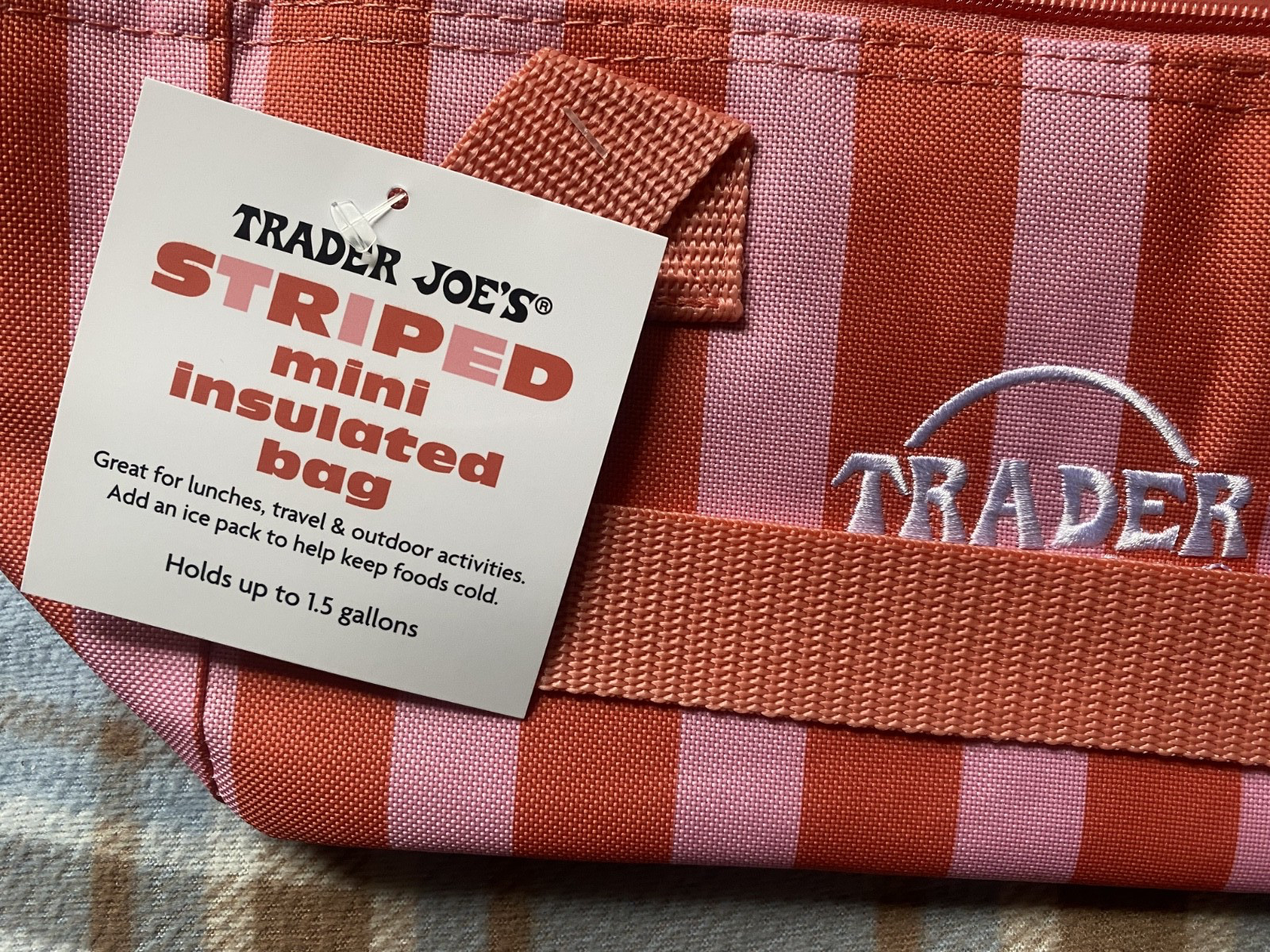 Trader Joe’s 2026 Striped Mini Insulated Tote Bag – Pastel Red-and-Pink stripes