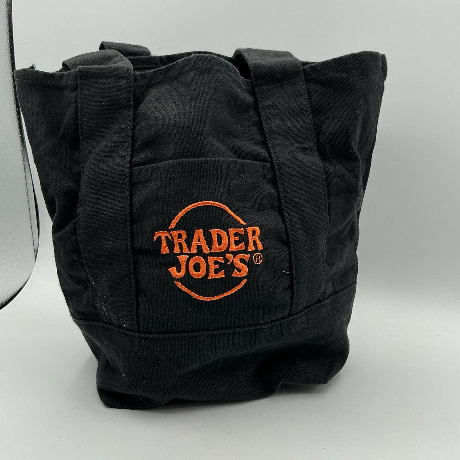 Trader Joe’s Black Canvas Tote Bag Orange Logo Reusable Grocery Carry