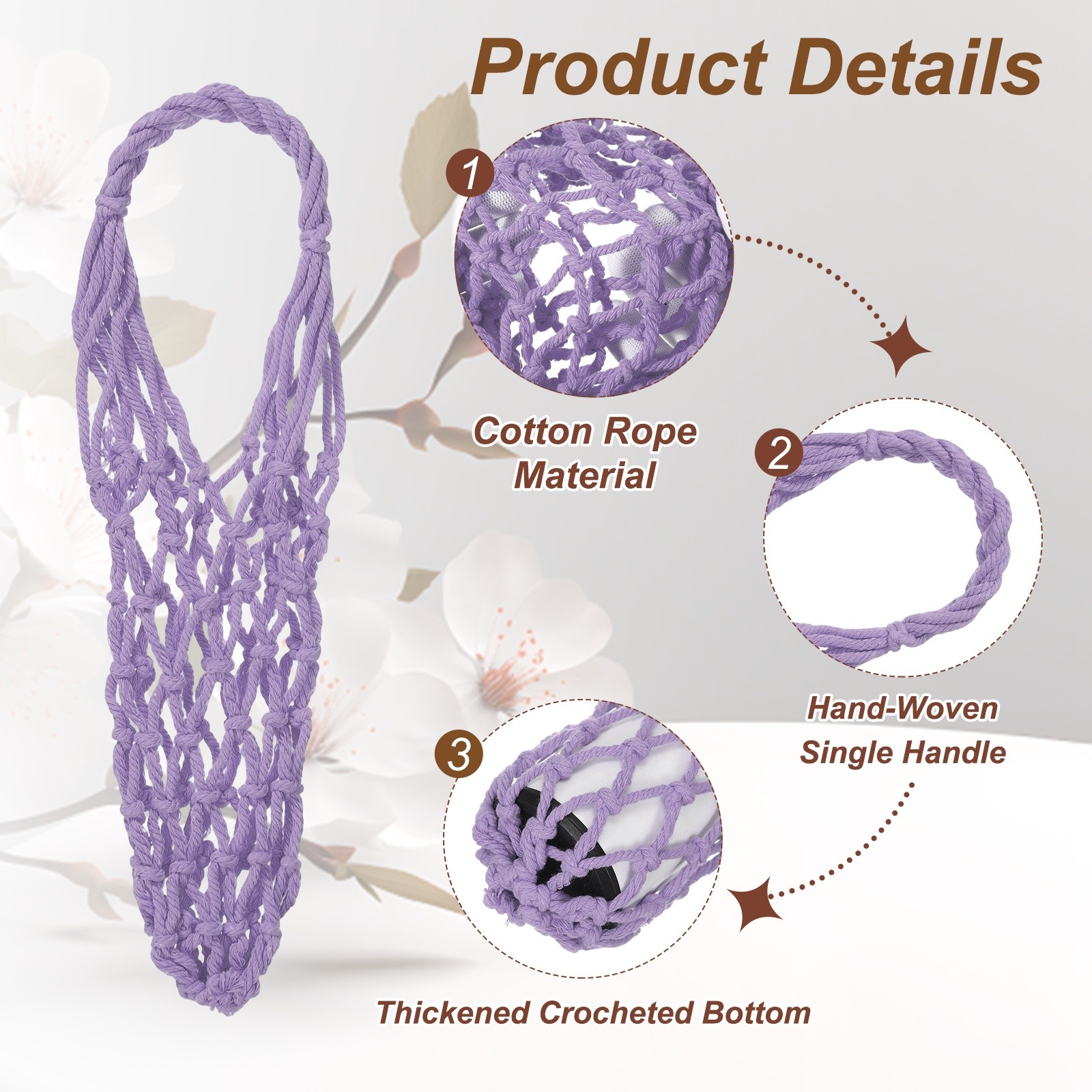 2 Pcs Crochet Water Bottle Carrier Bag for Hiking Shopping (Light Purple)