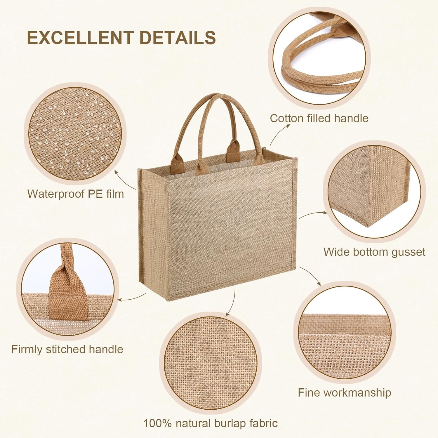 10 Pack Reusable Jute Tote Bags with Handles, 15.1X11.8X5.5 Inch Large Natural