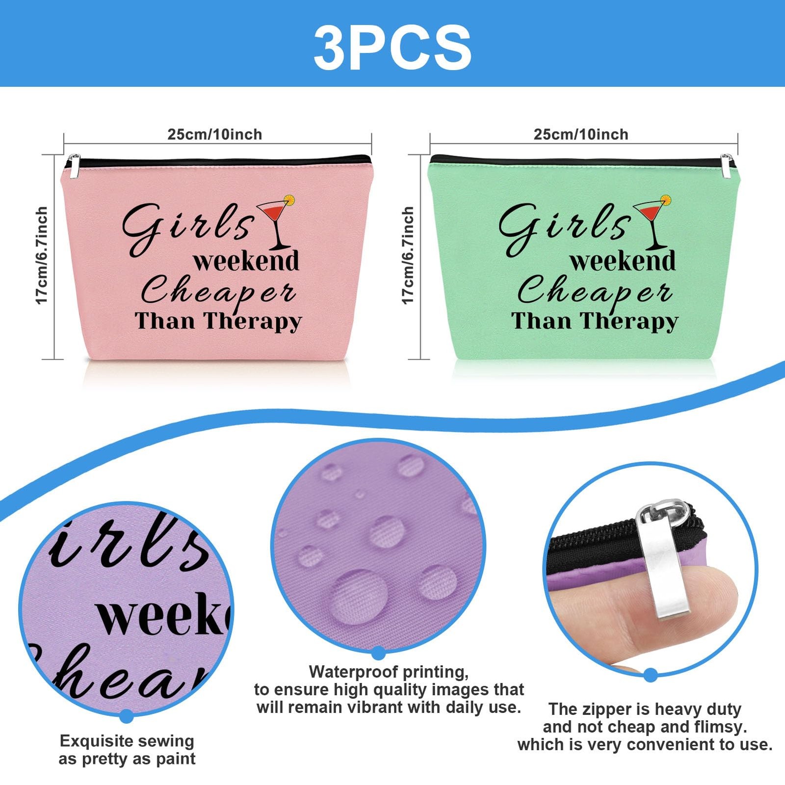 3 Pcs Girls Trip Gifts Travel Makeup Bag Weekend s, Green+Pink+Purple