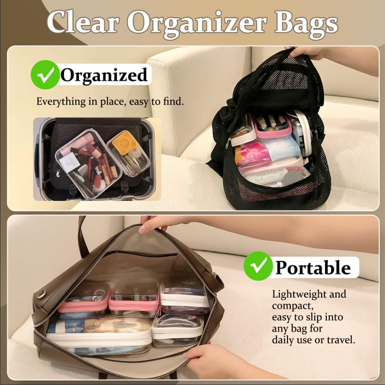 WELPIRT 4 pcs Clear Zipper Pouches,Hard Shell Case, M+3S, White