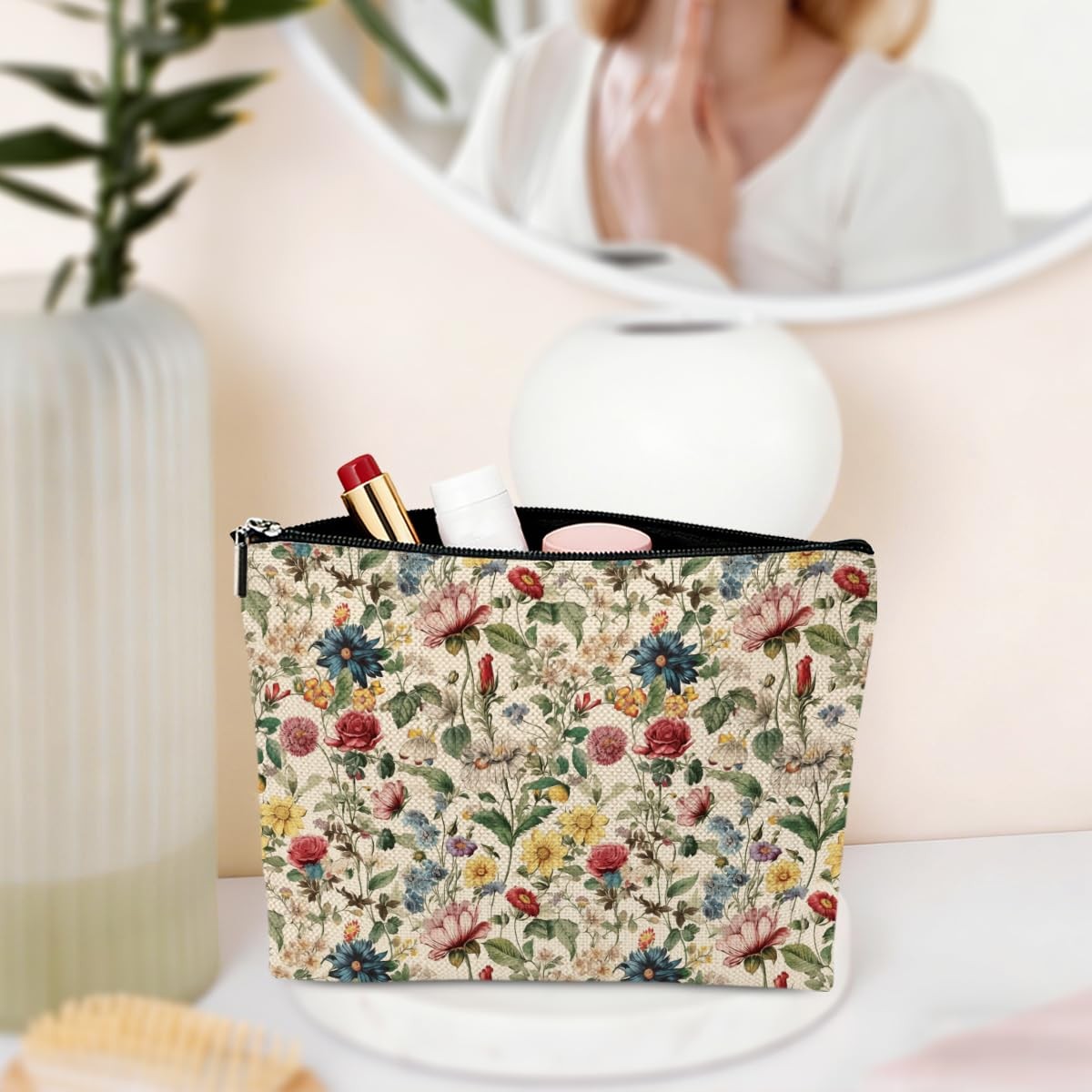 Vintage Floral Makeup Bag Colorful Wildflowers 9.7×7 Inch, 1