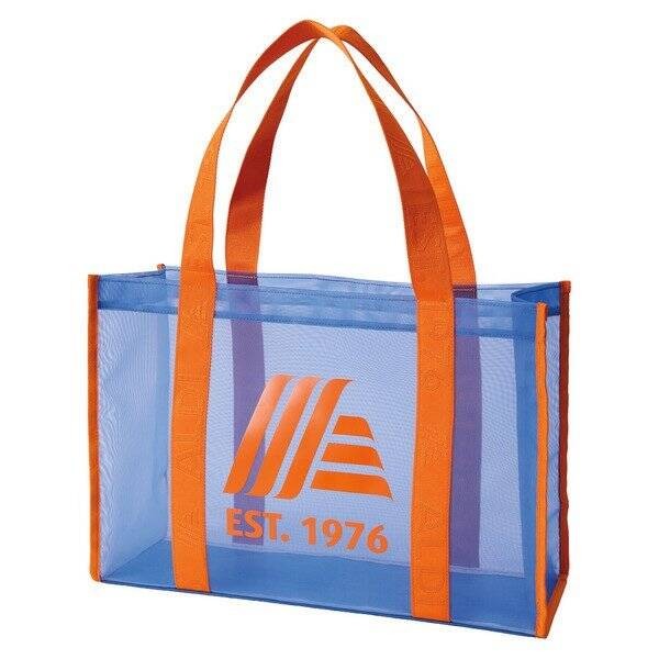 ALDI 50th Anniversary Mesh Tote Bag Blue with EST 1976 on Orange Straps