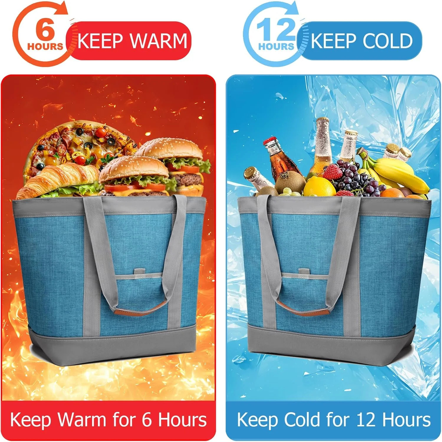 Insulated Cooler Bag, Reusable Grocery Tote Bags for Hot/Cold, Leakproof Thermal
