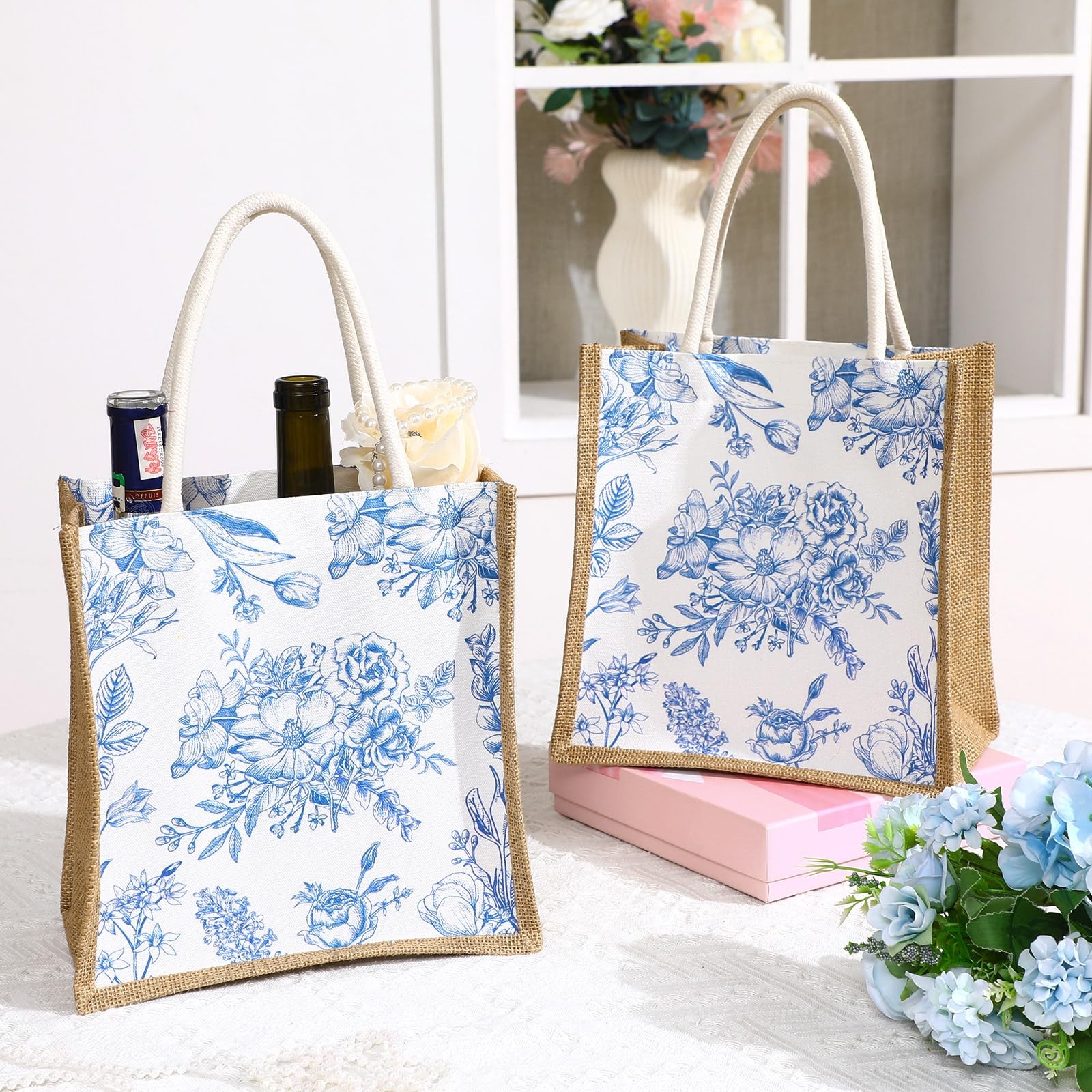 6 Pcs Bridesmaid Bags Blue White Vintage Floral Burlap Tote Bridal Party Gift…