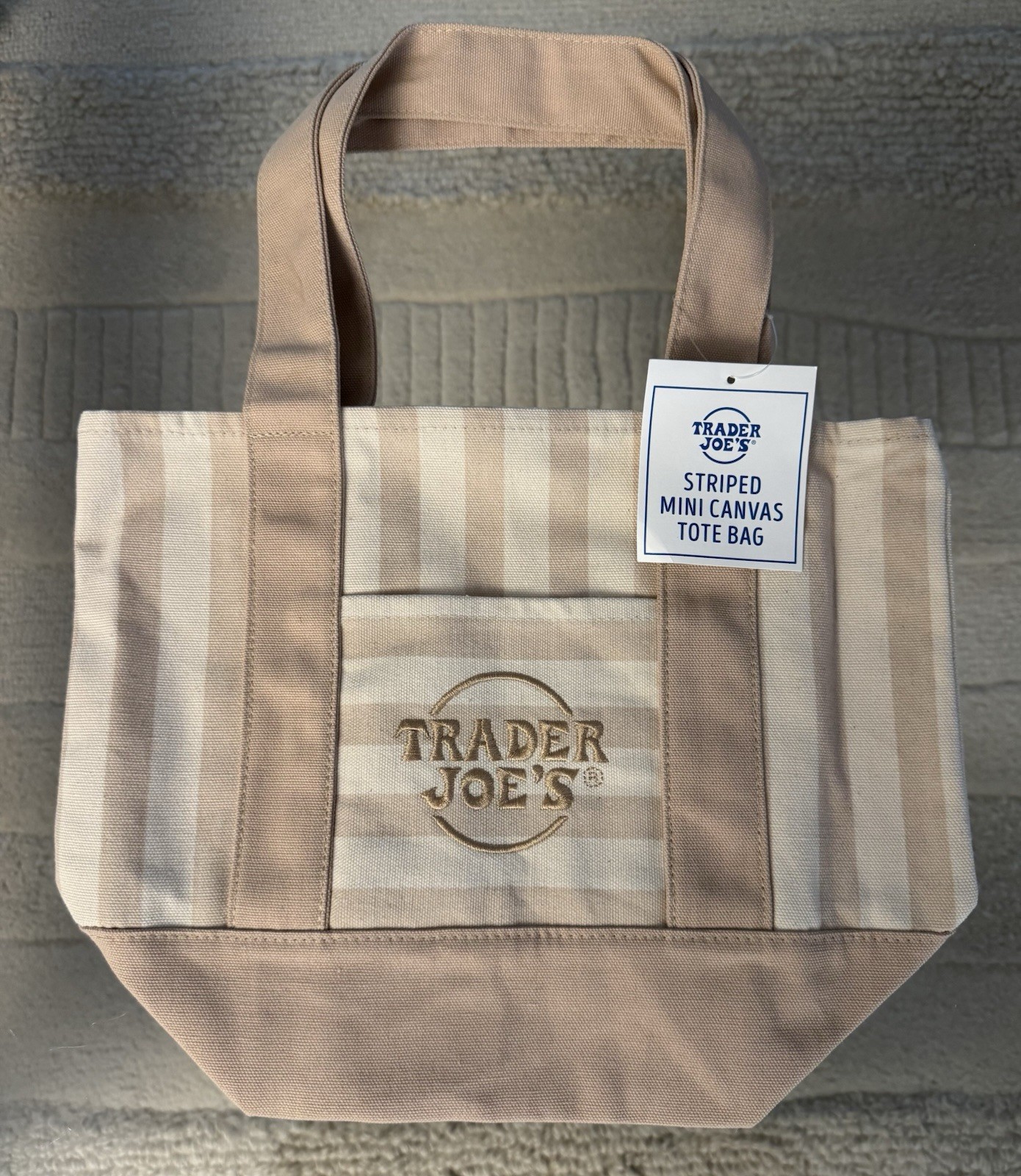 Trader Joes TAN Striped Mini Canvas Tote Bag Rare NWT 2026 Free Gift 🎁Fast Ship