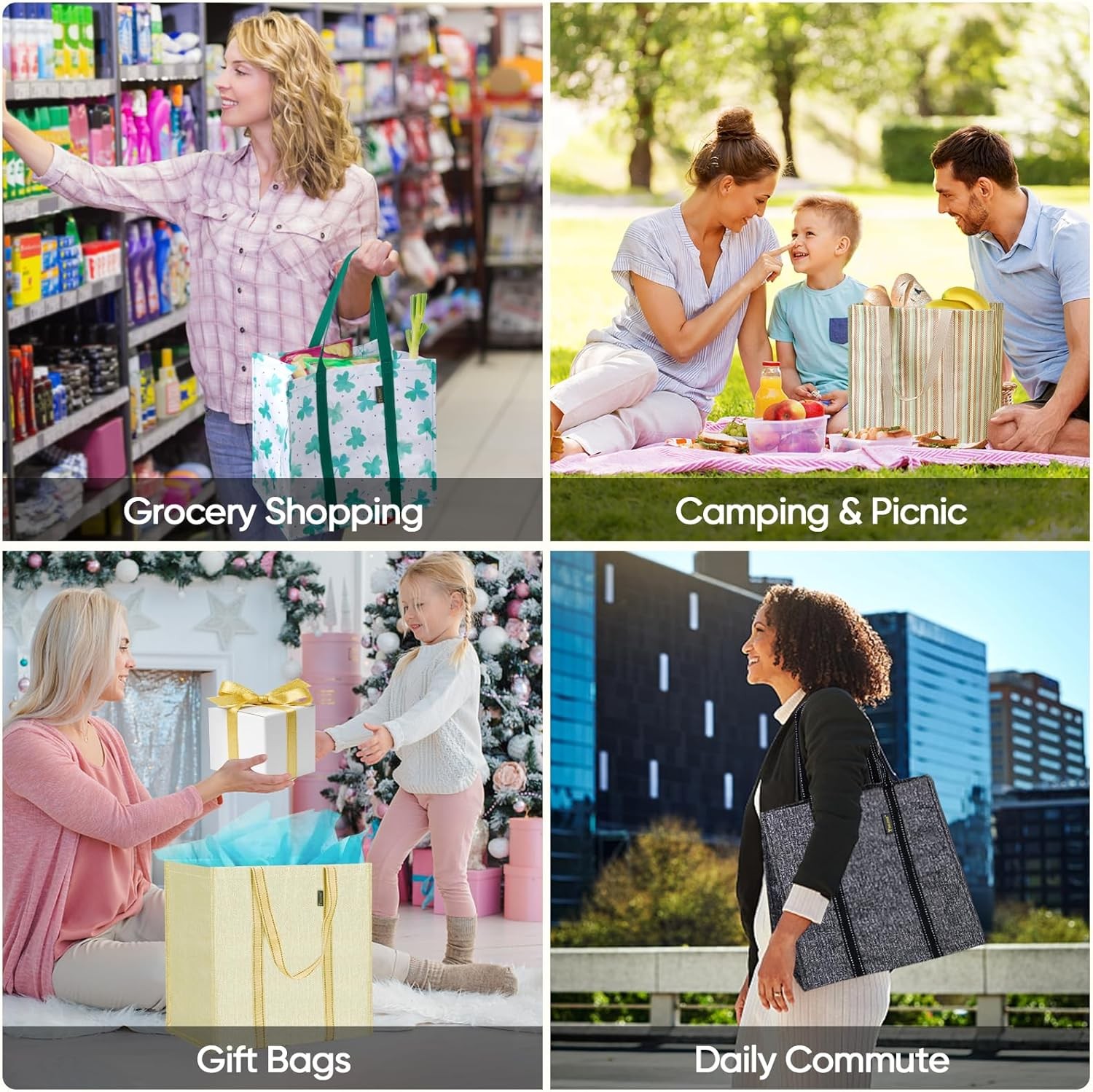 Grocery Bags Reble Shopping Bags with Reinforced Bottom, Heavy