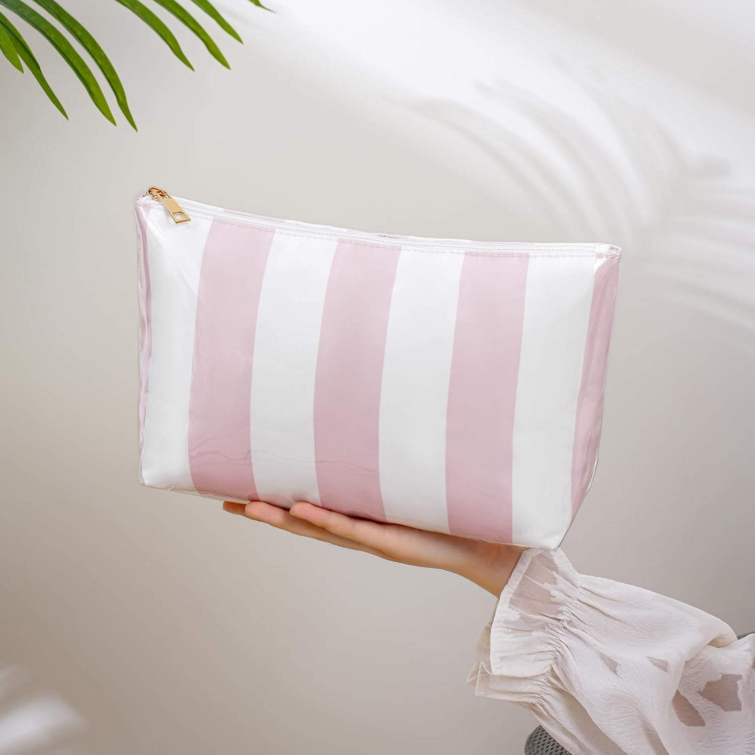 Large Waterproof PVC Beach Pool Makeup Bag with Pink Striated, Cute Cosmetic Acc