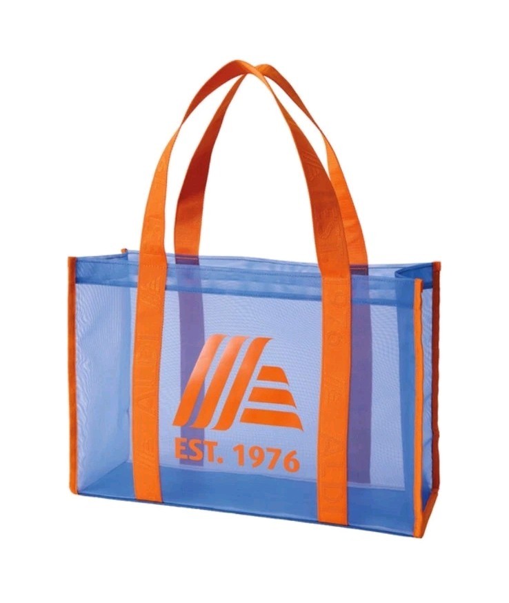 ALDI 50th Anniversary Mesh Tote Bag Blue With Orange Straps Quarter Keychain NEW