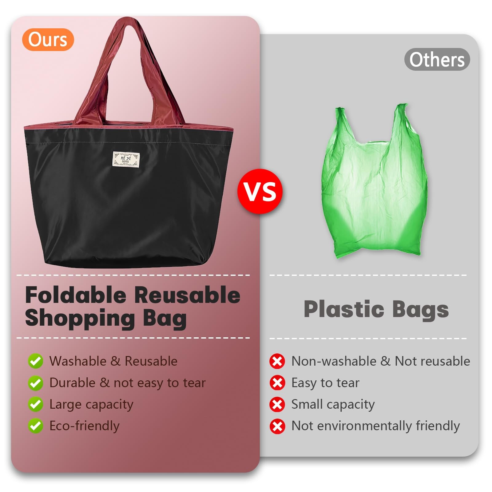 Reusable Foldable Grocery Bag with Pocket Wide Handle Washable Shopping Tote