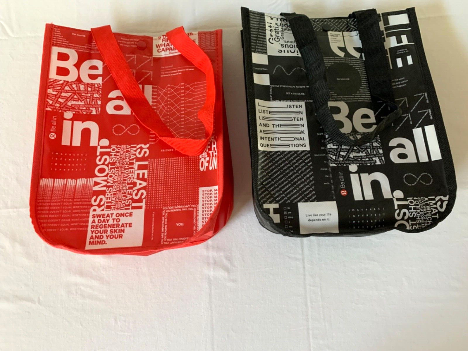 Lot of 2 Lululemon Reusable Shopping Bags 1) Red 1) Black with Snap / Handles