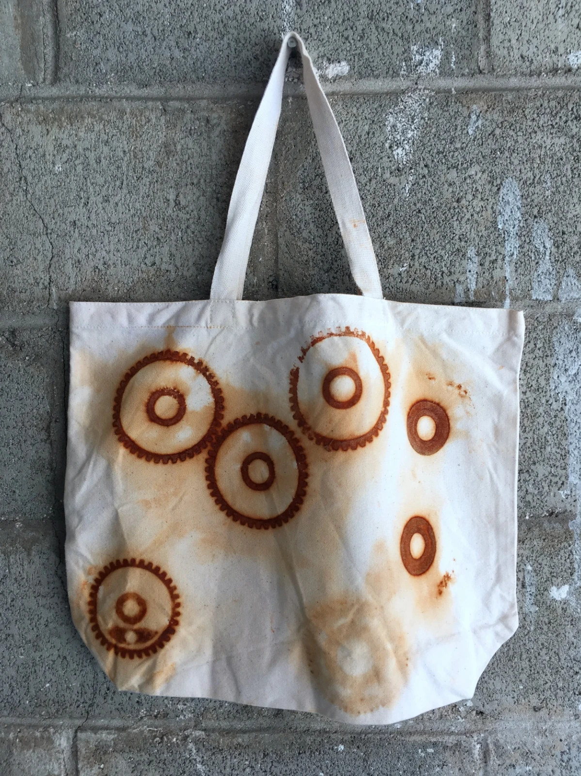 Organic Cotton Farmers Market Tote Bag Rusty Gears Handmade XL 18×14.5 Rust Dyed