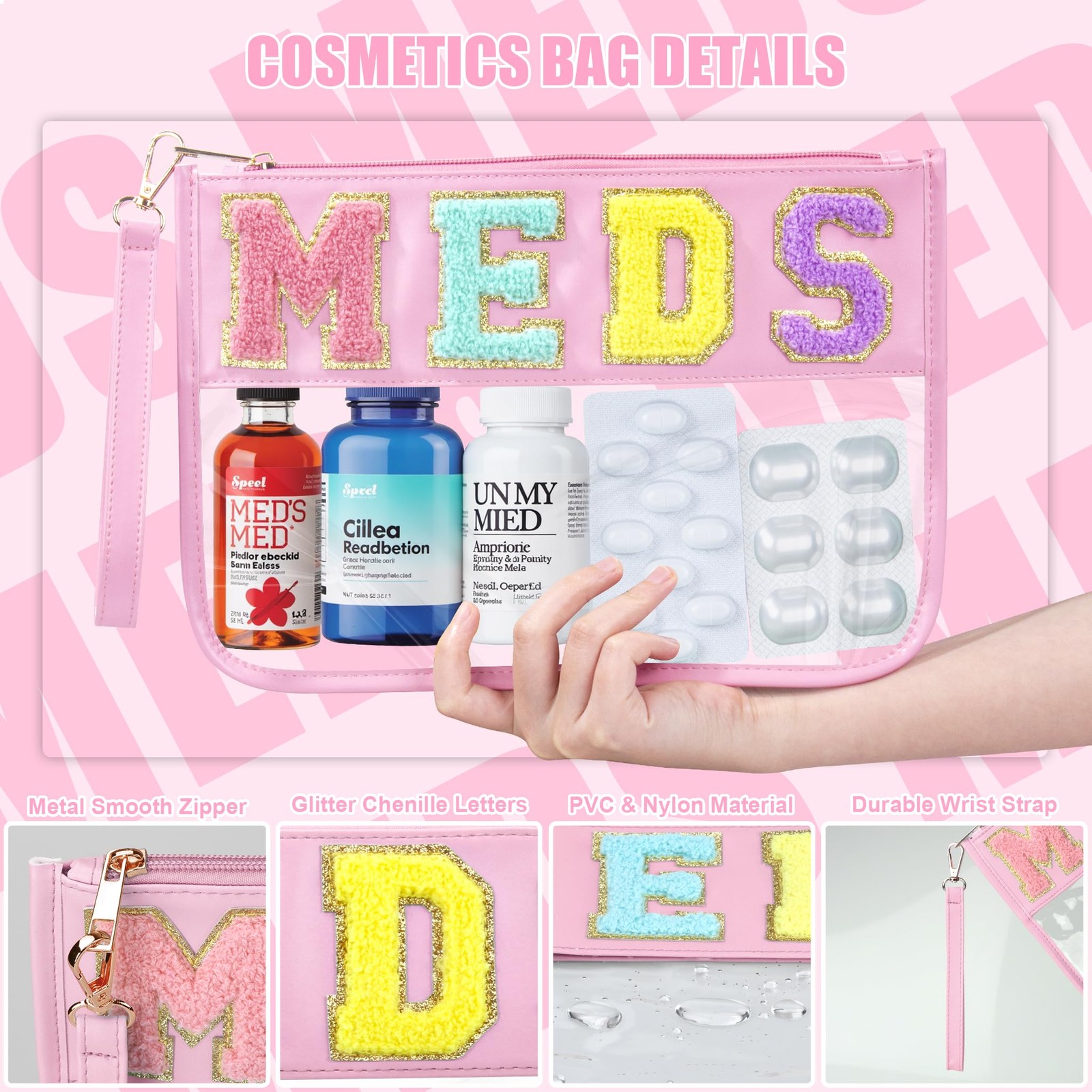 BuyCard Chenille Letter Clear Medicine Bags, Makeup Meds Pink-Meds