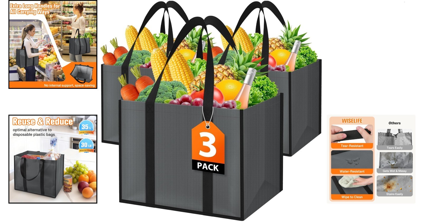 Collapsible Reusable Grocery Bags Heavy-Duty Shopping Tote Box Reinforced Handle