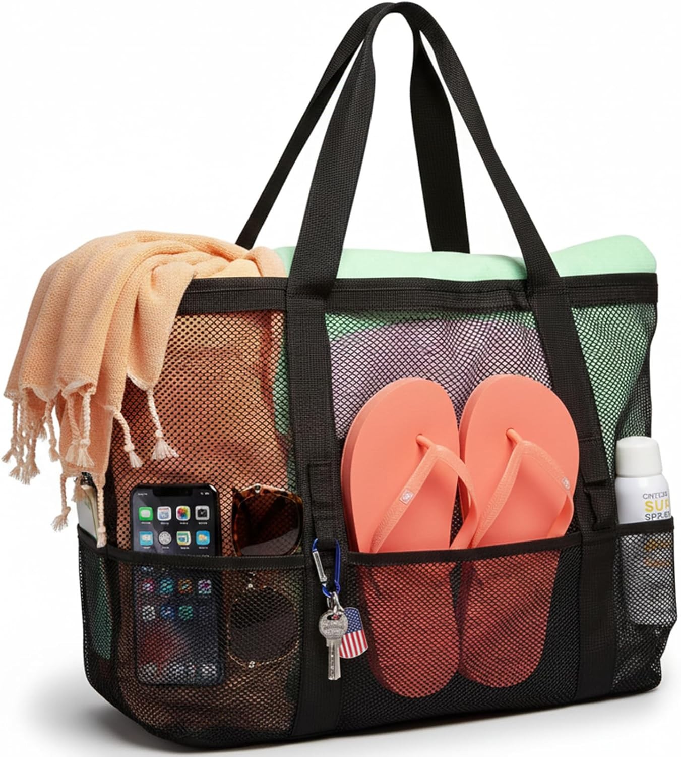 Mesh Beach Bag Family – Large Tote Bag 9 Pockets for Swim Pool Toys Cruise Beach