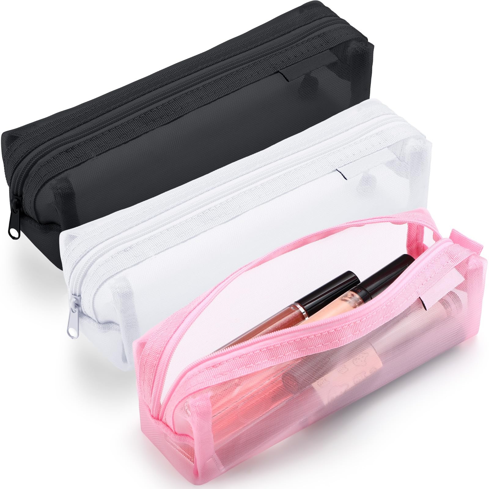 MotiMind 3 Pcs Mesh Makeup Brush Bag Make up Holder black, white, pink