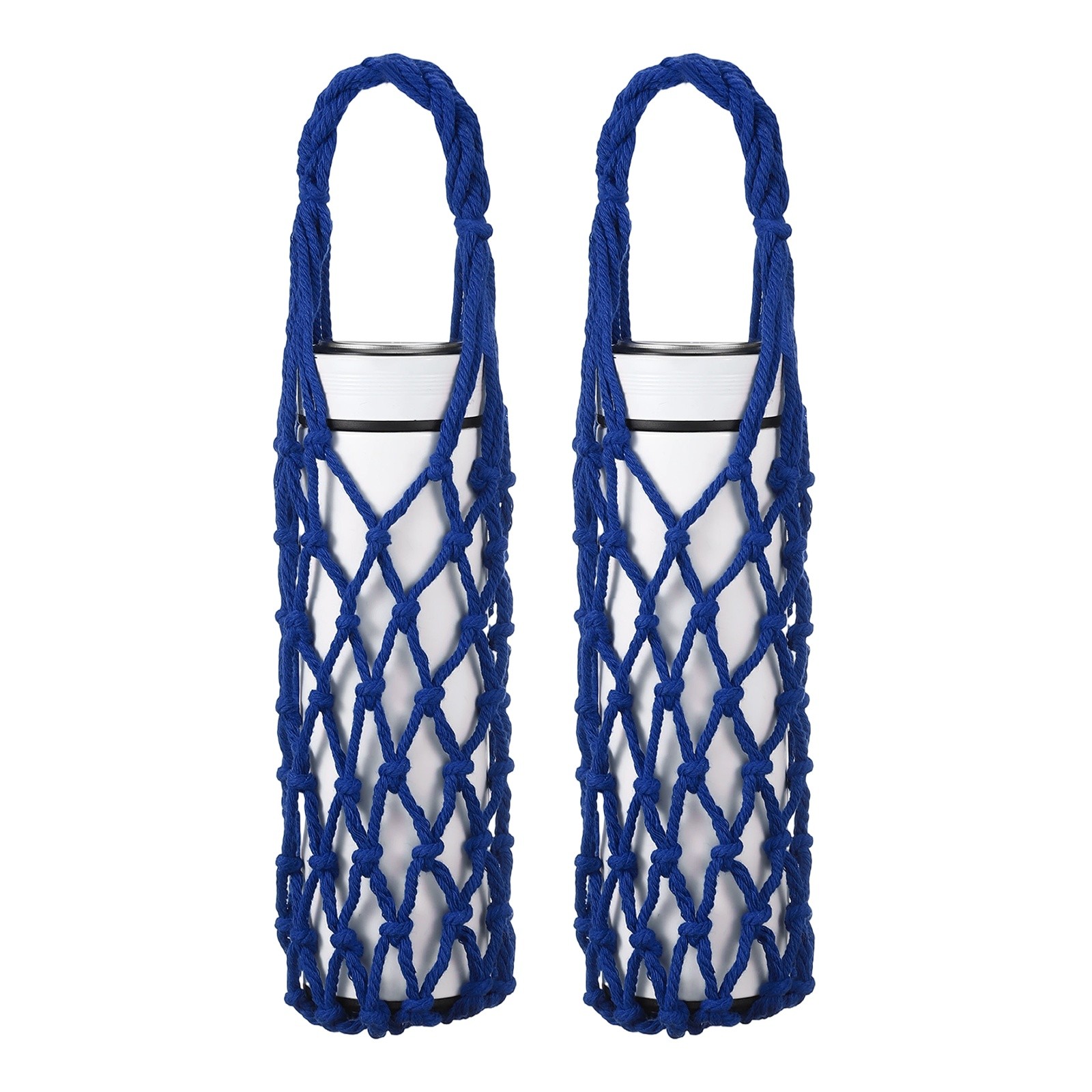 2Pcs Crochet Water Bottle Carrier Bag for Hiking Shopping (Dark Blue)
