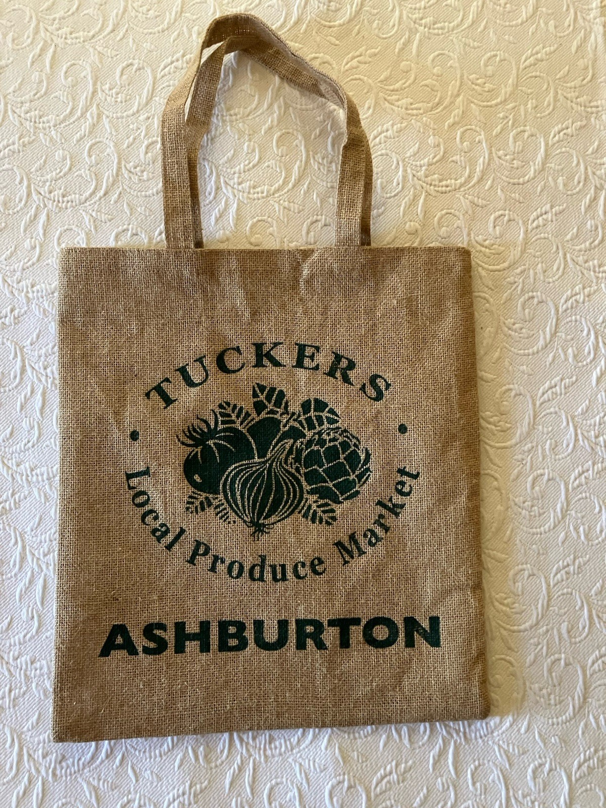 Burlap Market Tote Bag Tuckers Produce 15×17″ Ashburton Devon England NEW COND