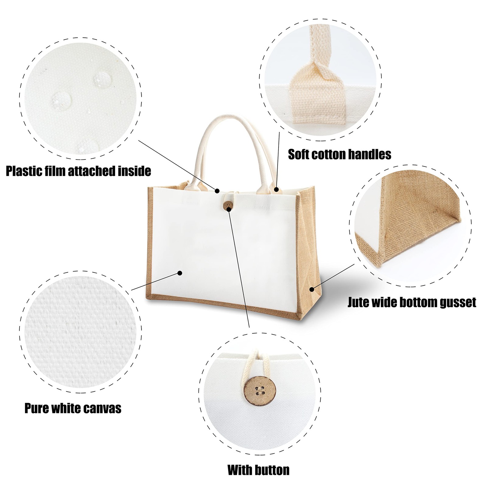 6 PCS Jute Travel Tote Bags 14.5×6.7×10.2 Burlap Button Handle Grocery DIY