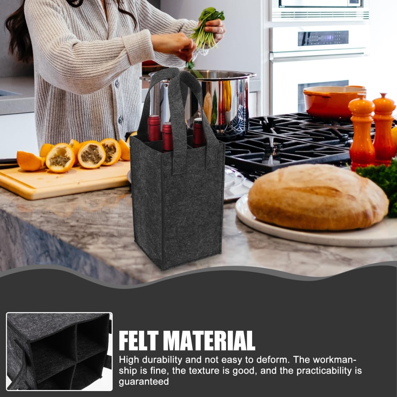 Felt Wine Carrier Tote Bag For 4 Bottles Reusable Protective Dividers Travel