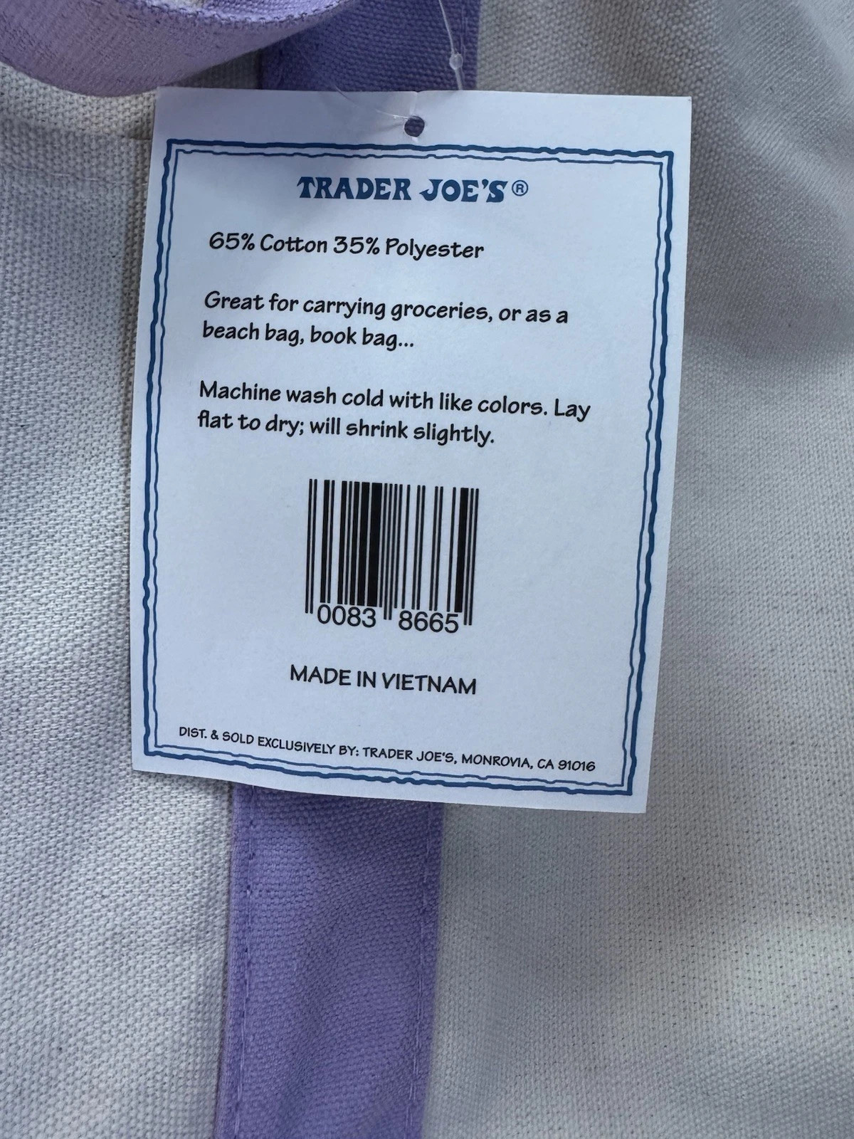 Trader Joes LARGE Lavender Purple Canvas Tote Bag 2026 Viral Drop Rare US Stock