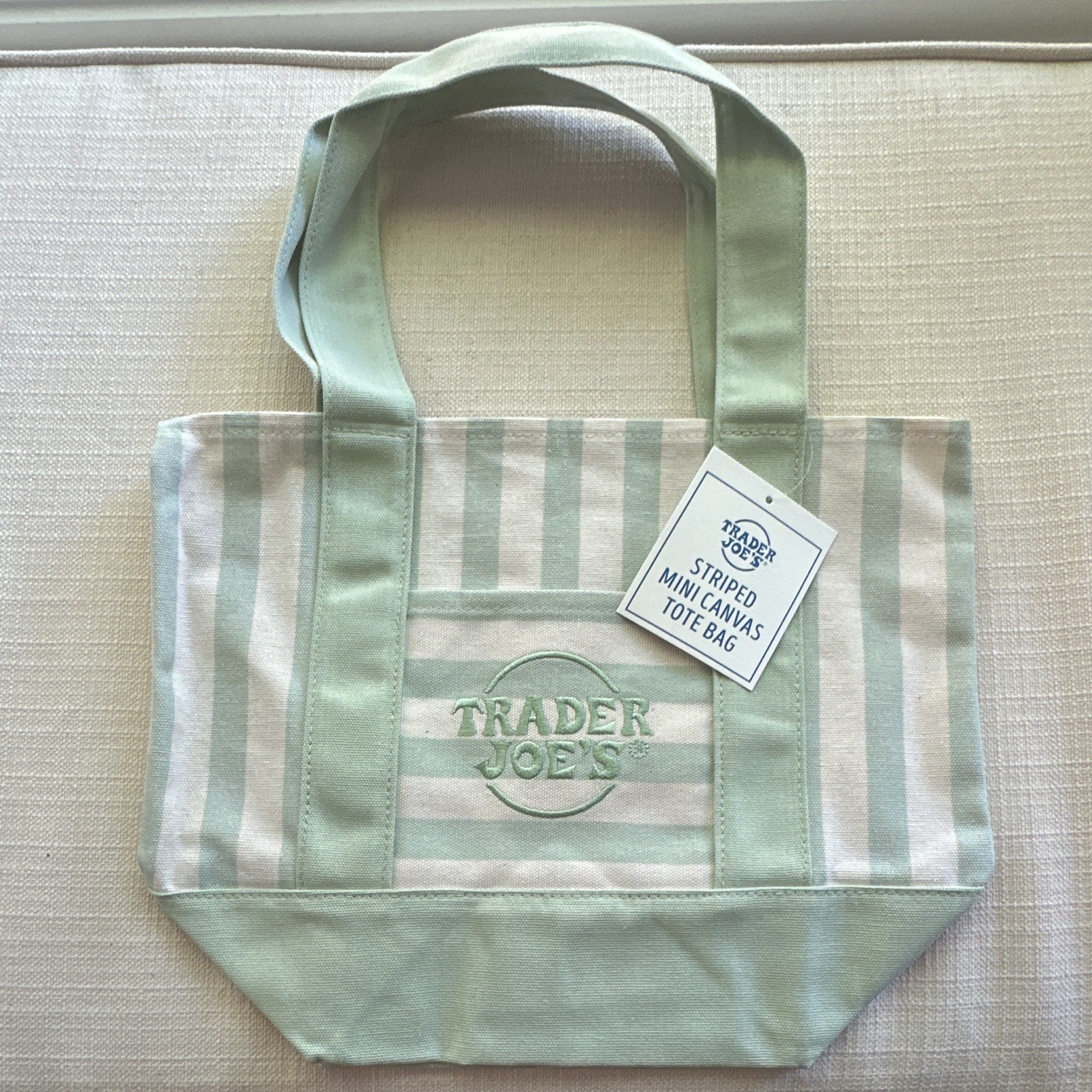 Trader Joe’s Striped Mini Canvas Tote Bag Green/White Cotton/Polyester