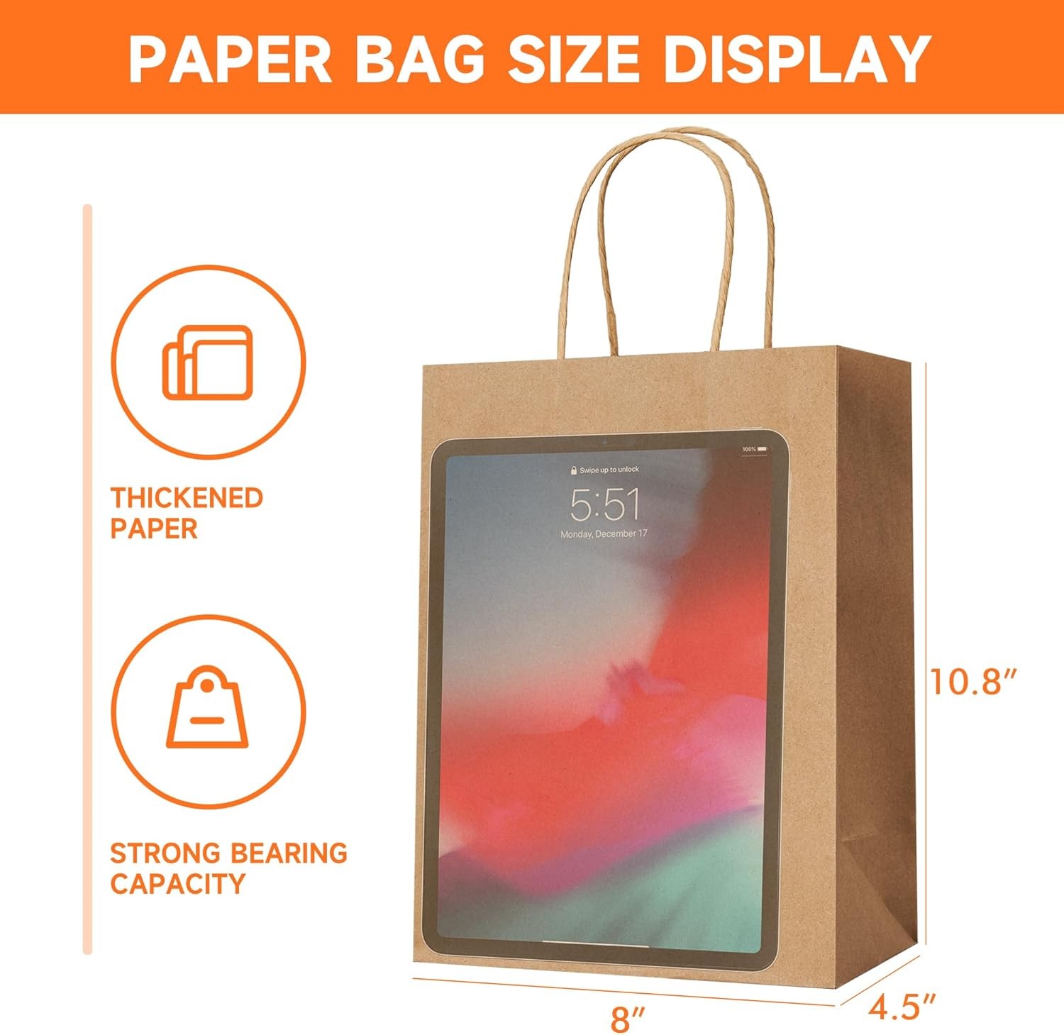 Brown Paper Bags with Handles in Bulk, 50pcs Kraft Paper Bags 8×4.5×10.8 inch,
