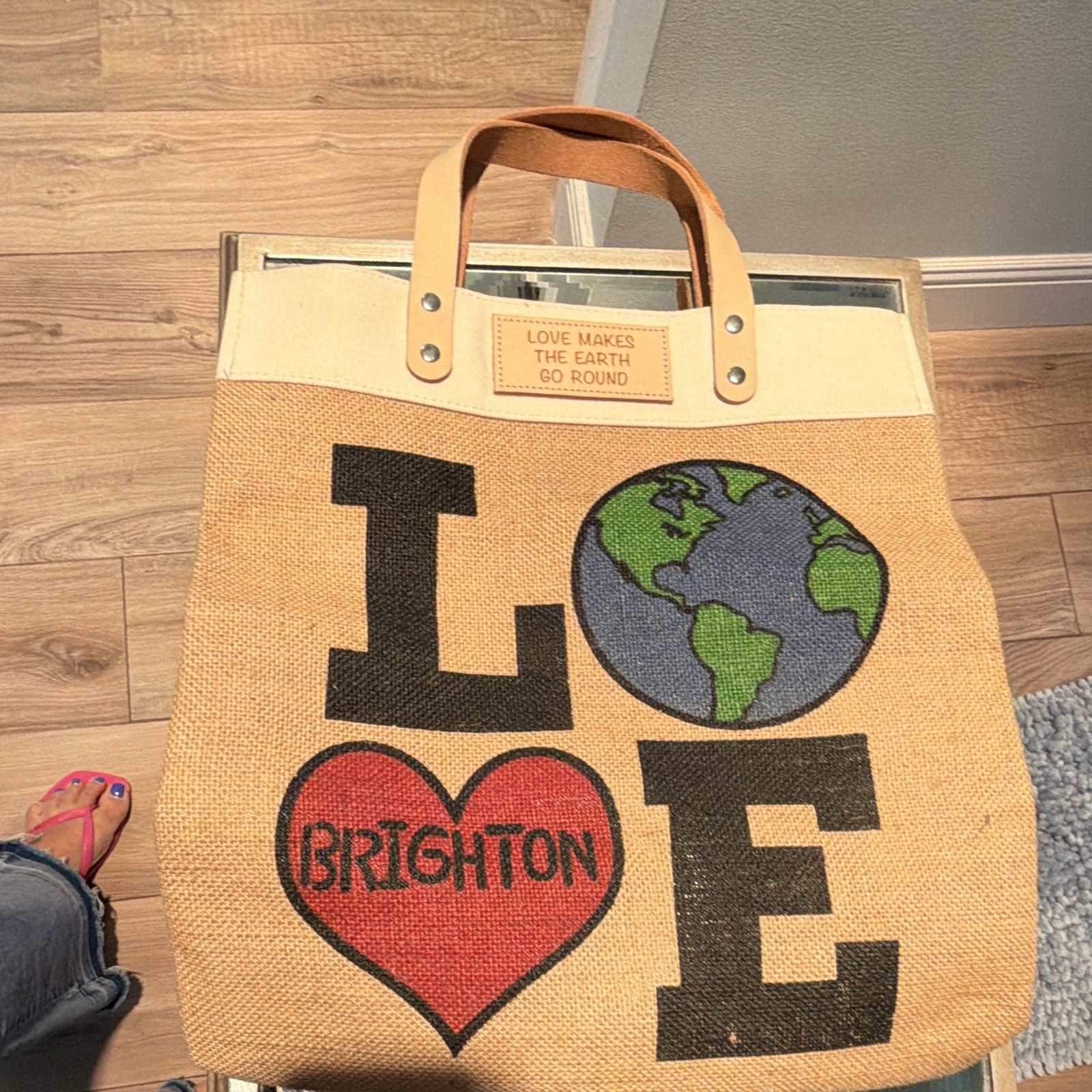 Brighton LOVE Earth Heart Reusable Shopping Bag Jute Leather Beige Multi-Color