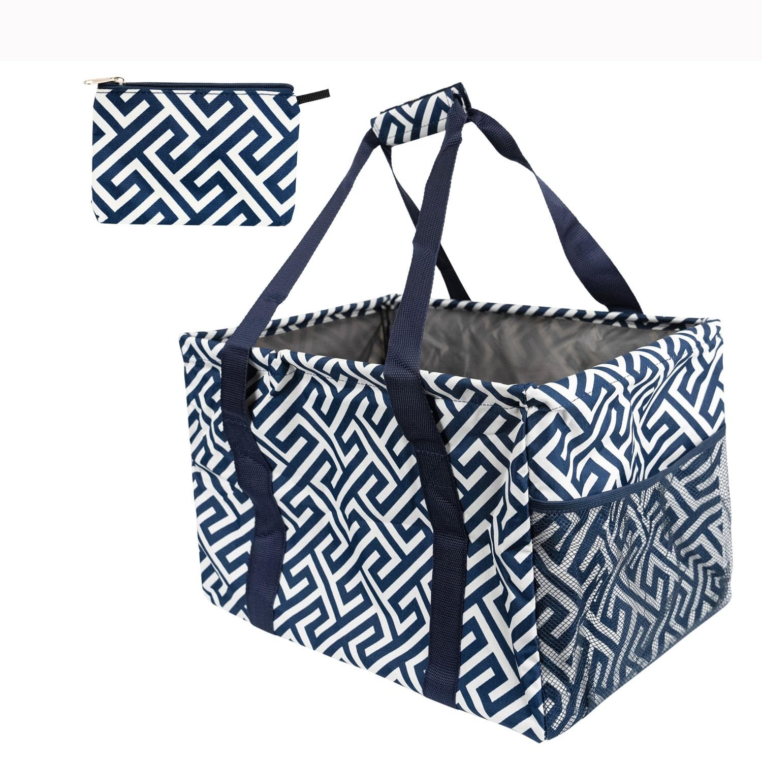 Extra Large Utility Tote Bag Oversized Collapsible Wire Frame Geo Navy 50lbs