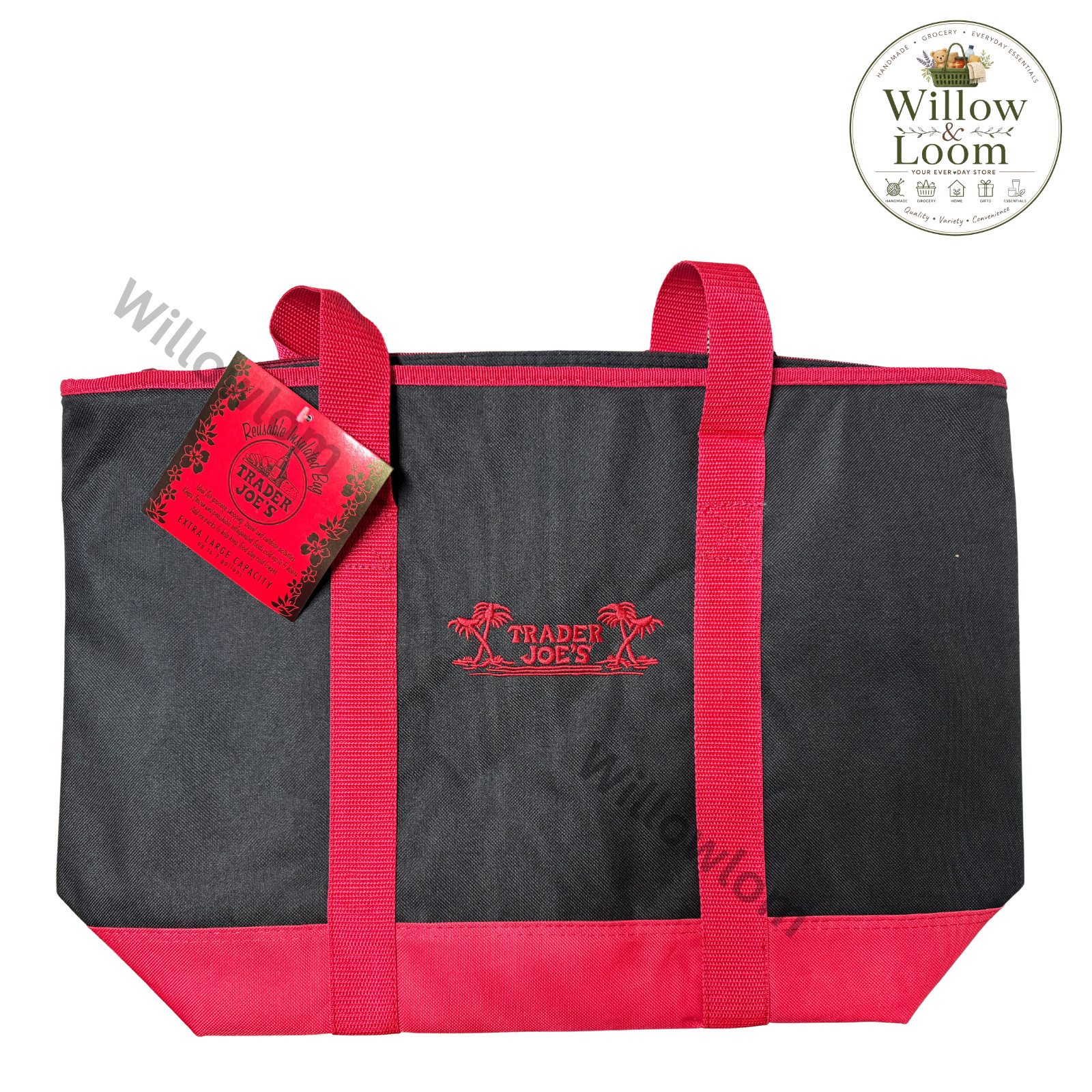Trader Joe’s Cooler Tote Bag Insulated Shopper Black Red Reusable Extra Large
