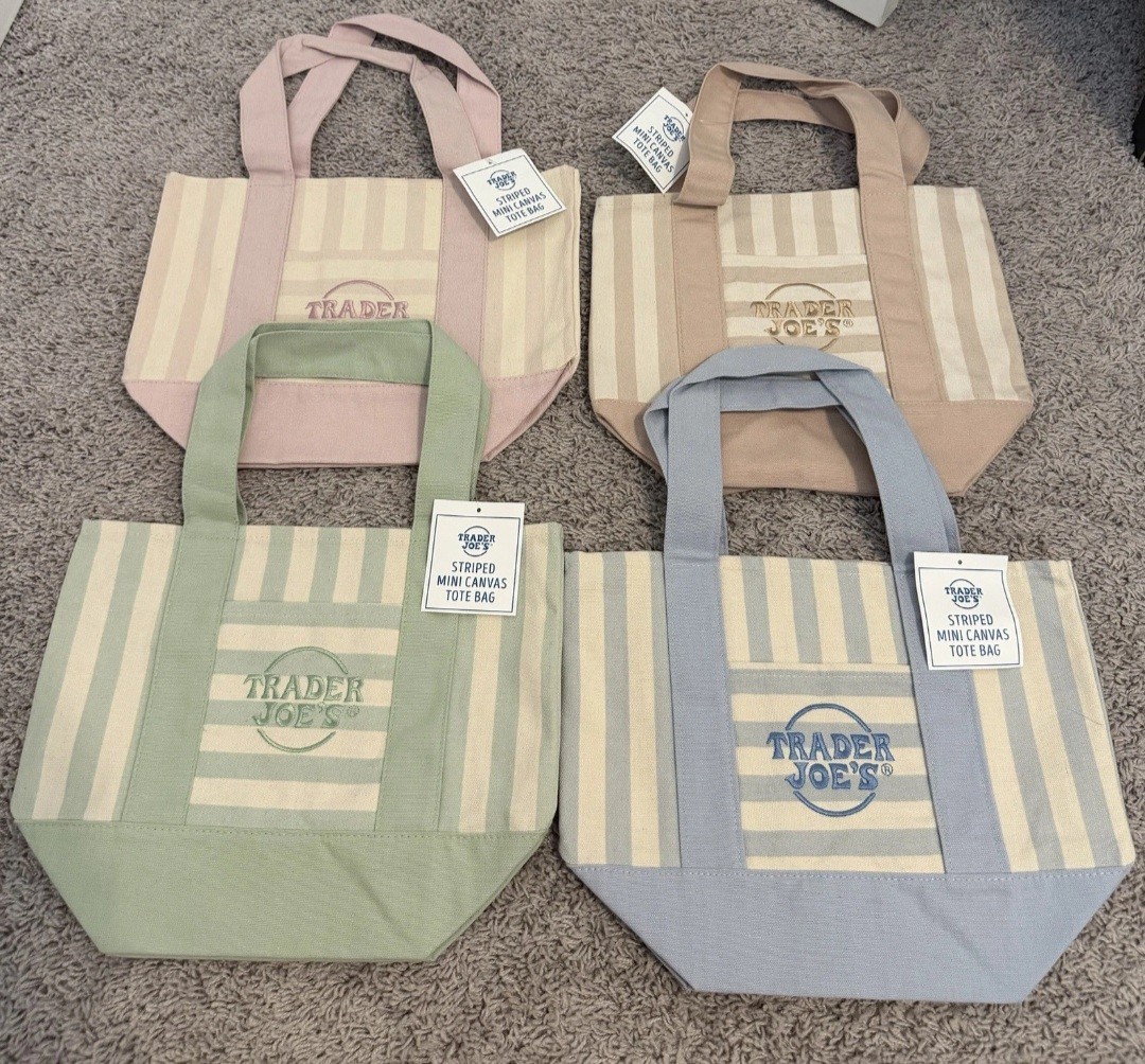 Trader Joe’s Striped Mini Canvas Reusable Tote Bags Multicolor 4-Pack Set