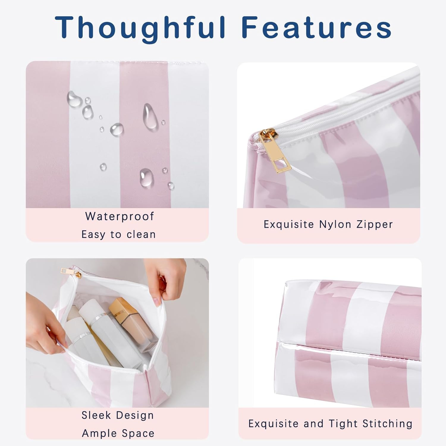 Large Waterproof PVC Beach Pool Makeup Bag with Pink Striated, Cute Cosmetic Acc