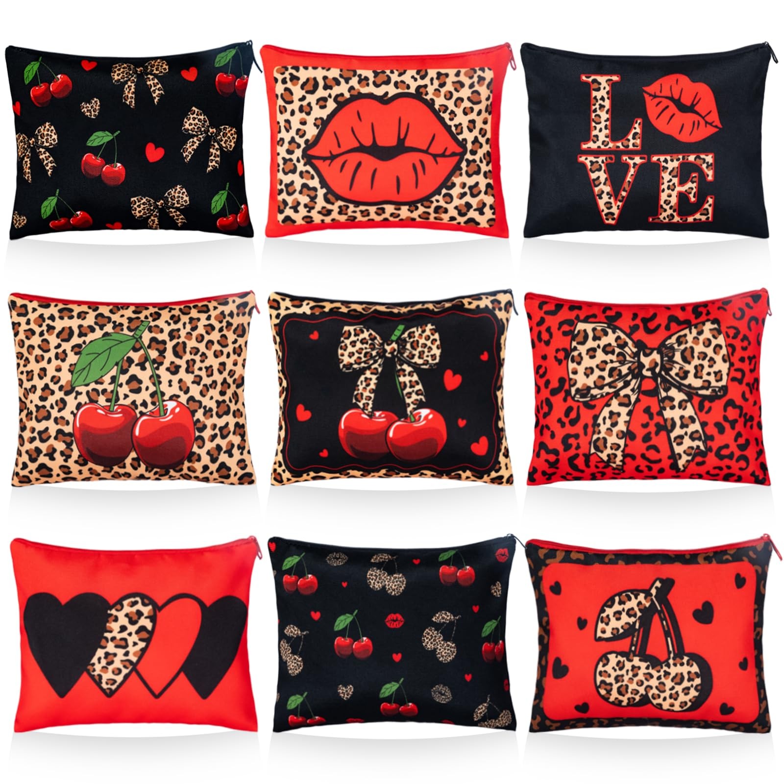 Qeinwha 9 Pcs Cheetah and Cherry Makeup Bag 8.7 x 6.3 inches, Multicolor