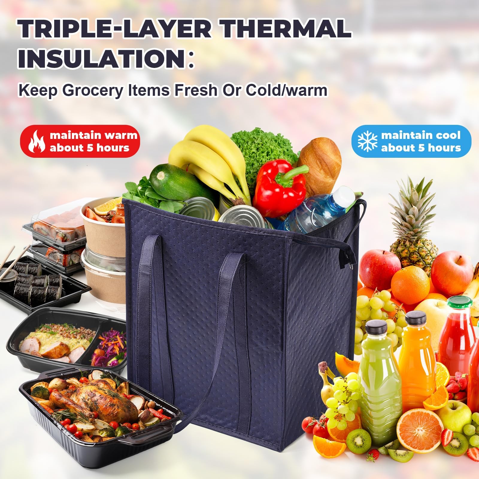 3 Pcs XL-Large Insulated Grocery Bags with Zippered Top & Handle-Reusable The…